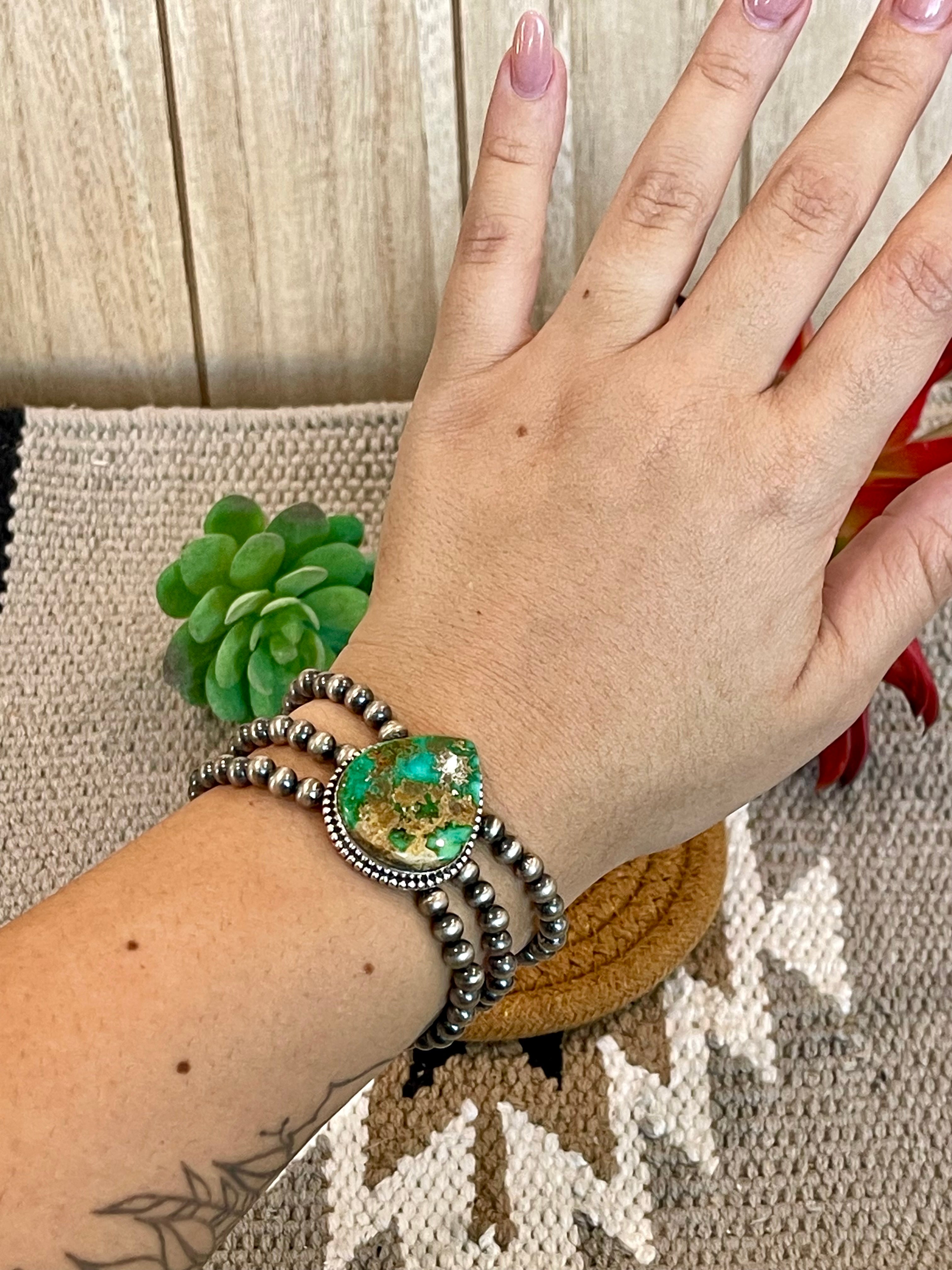 Southwest Handmade Sonoran Mountain Turquoise & Sterling Silver 3 Strand Beaded Stretch Bracelet