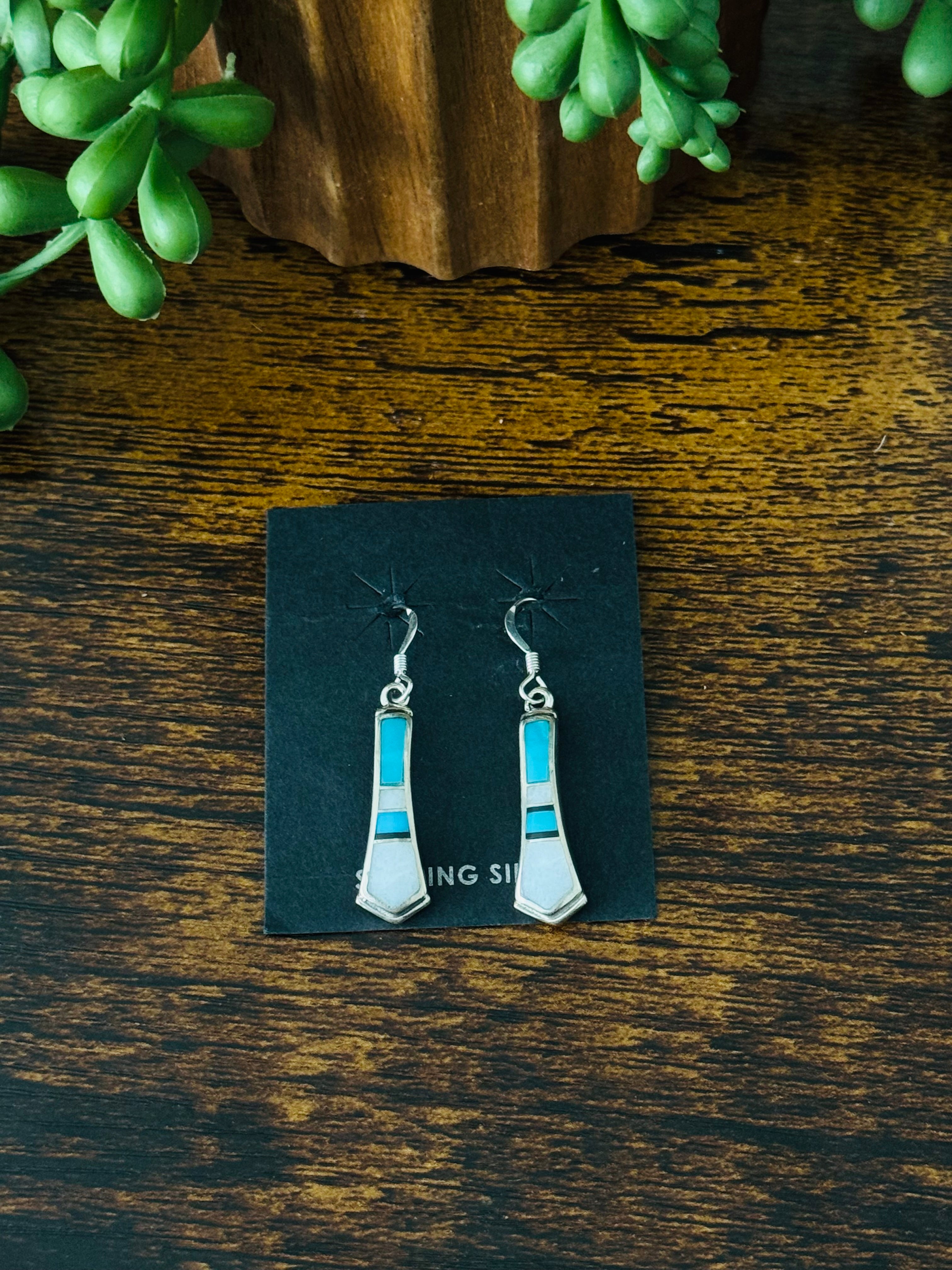 Navajo Made Multi Stone & Sterling Silver Inlay Dangle Earrings