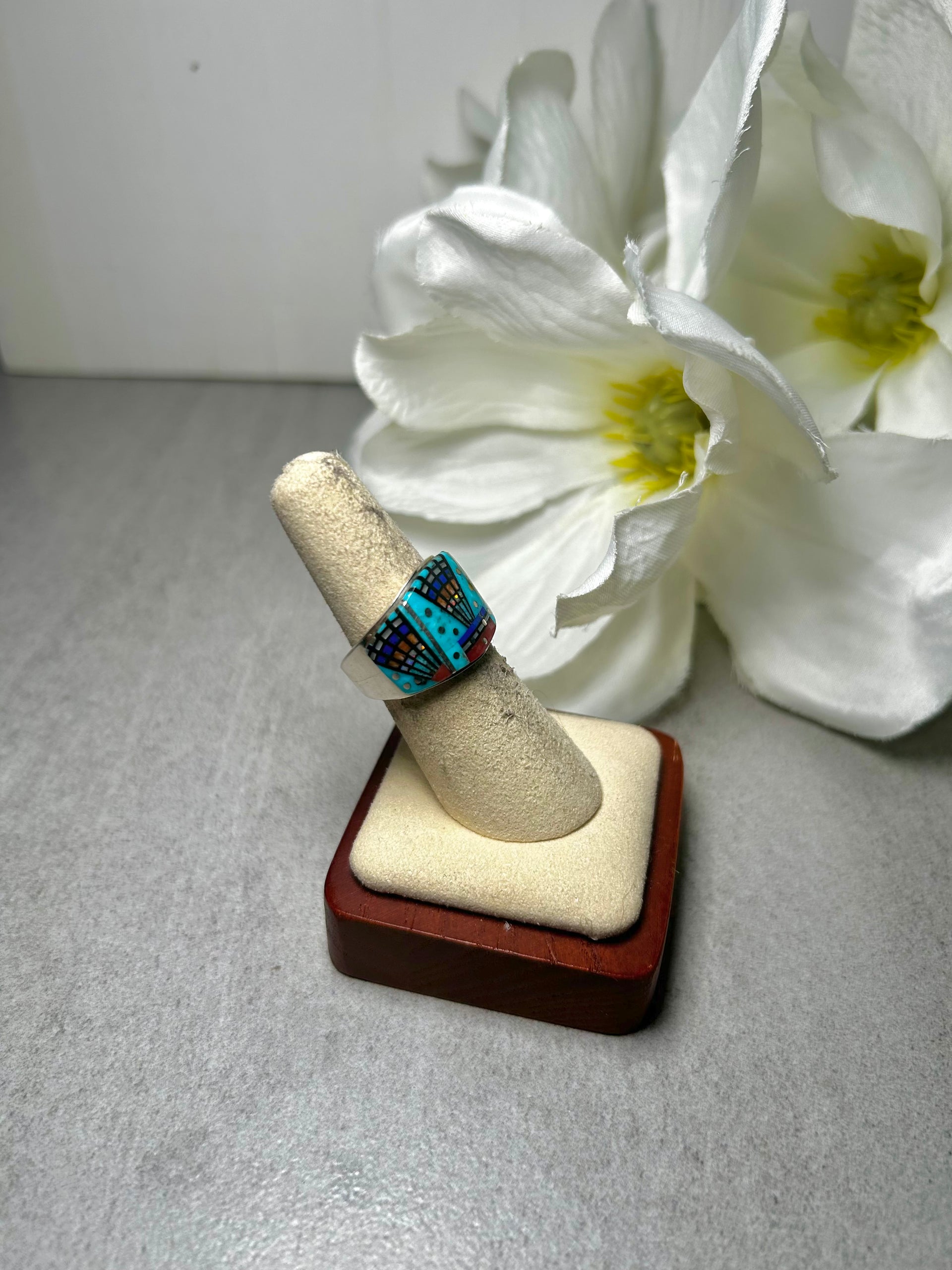 Navajo Made Multi Stone Galaxy Inlay & Sterling Silver Ring Size 6.25