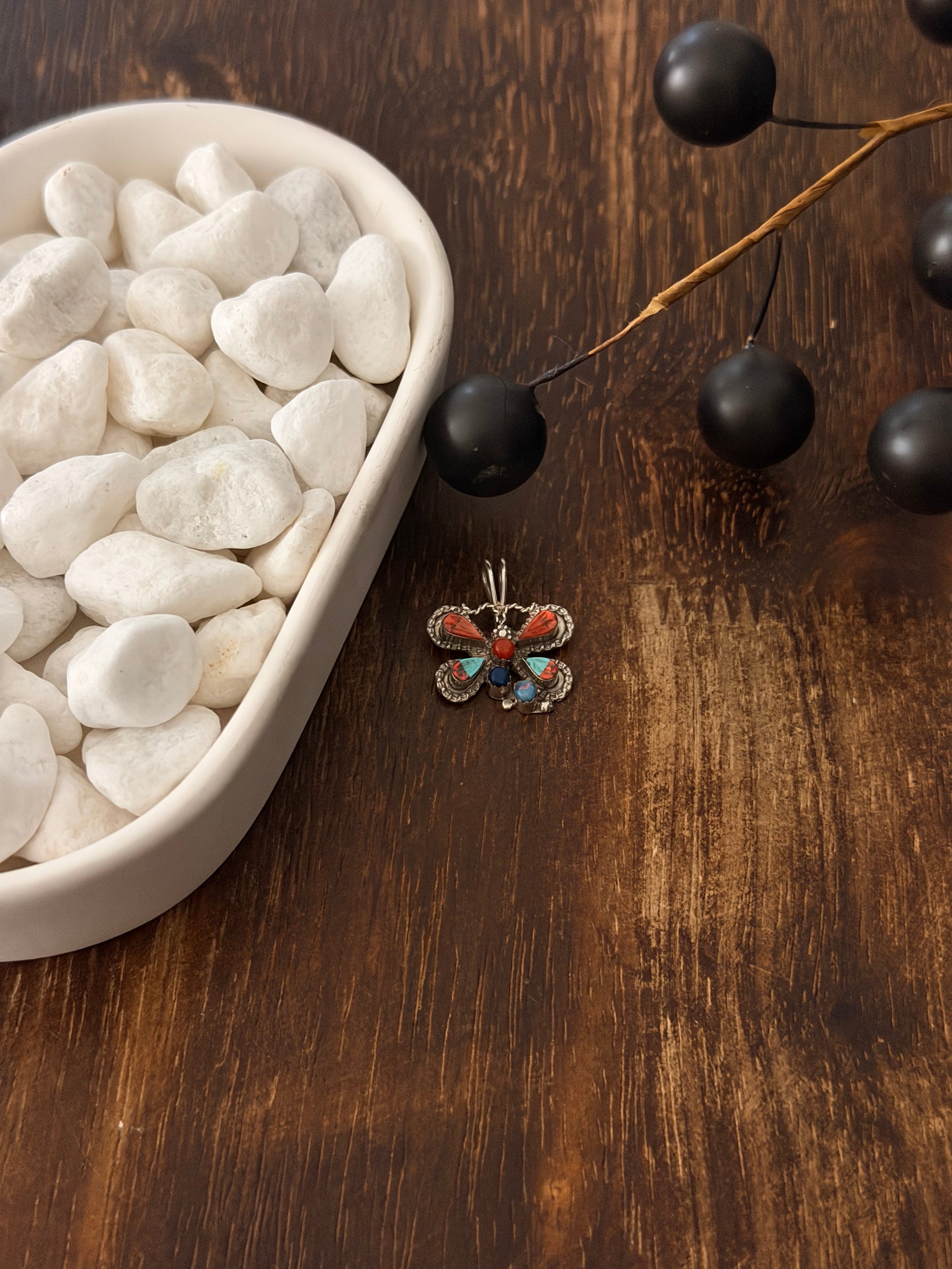 Navajo Made Multi Stone & Sterling Silver Inlay Dragonfly Pendant
