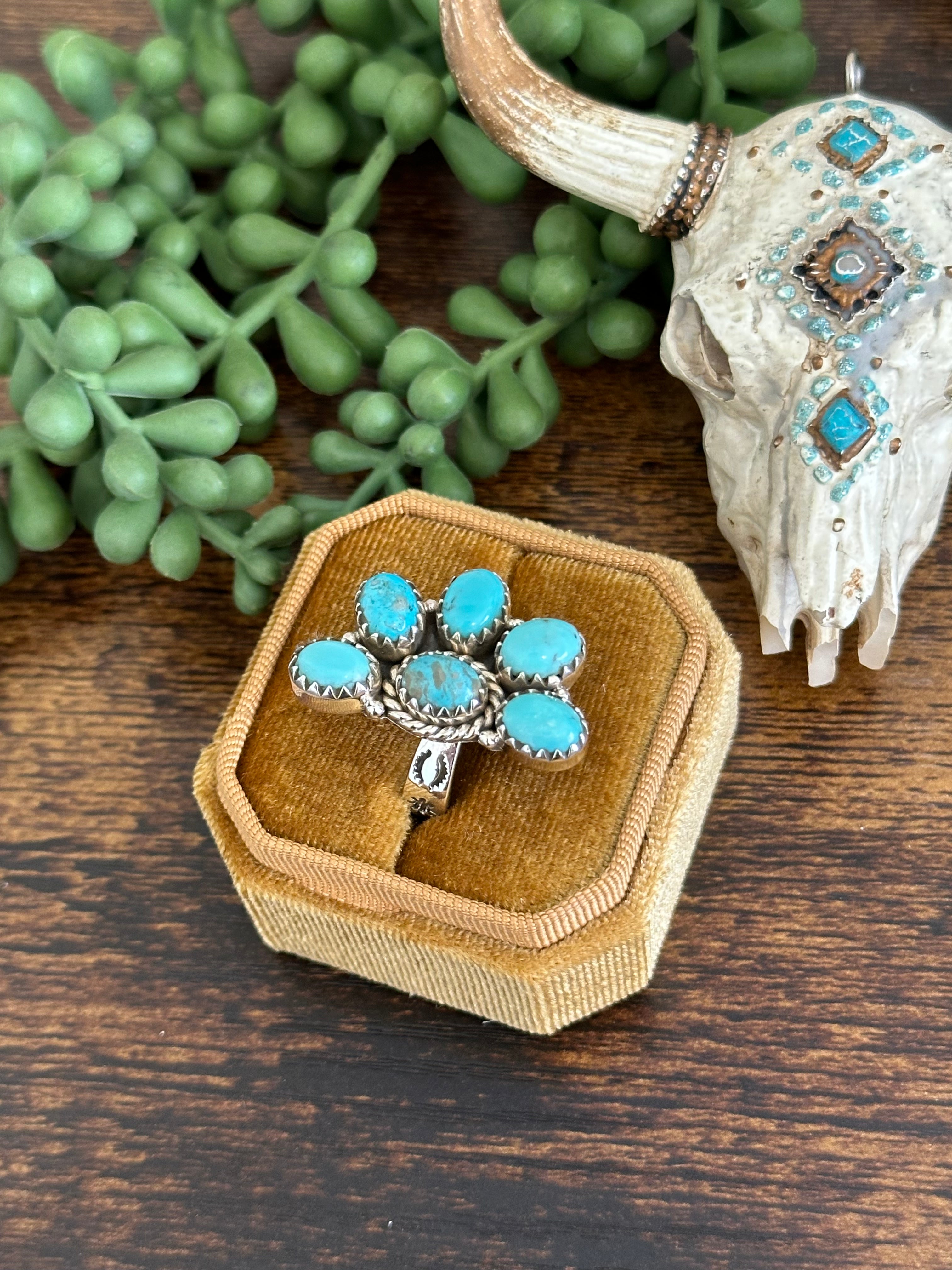 Southwest Handmade Kingman Turquoise & Sterling Silver Adjustable Cluster Ring