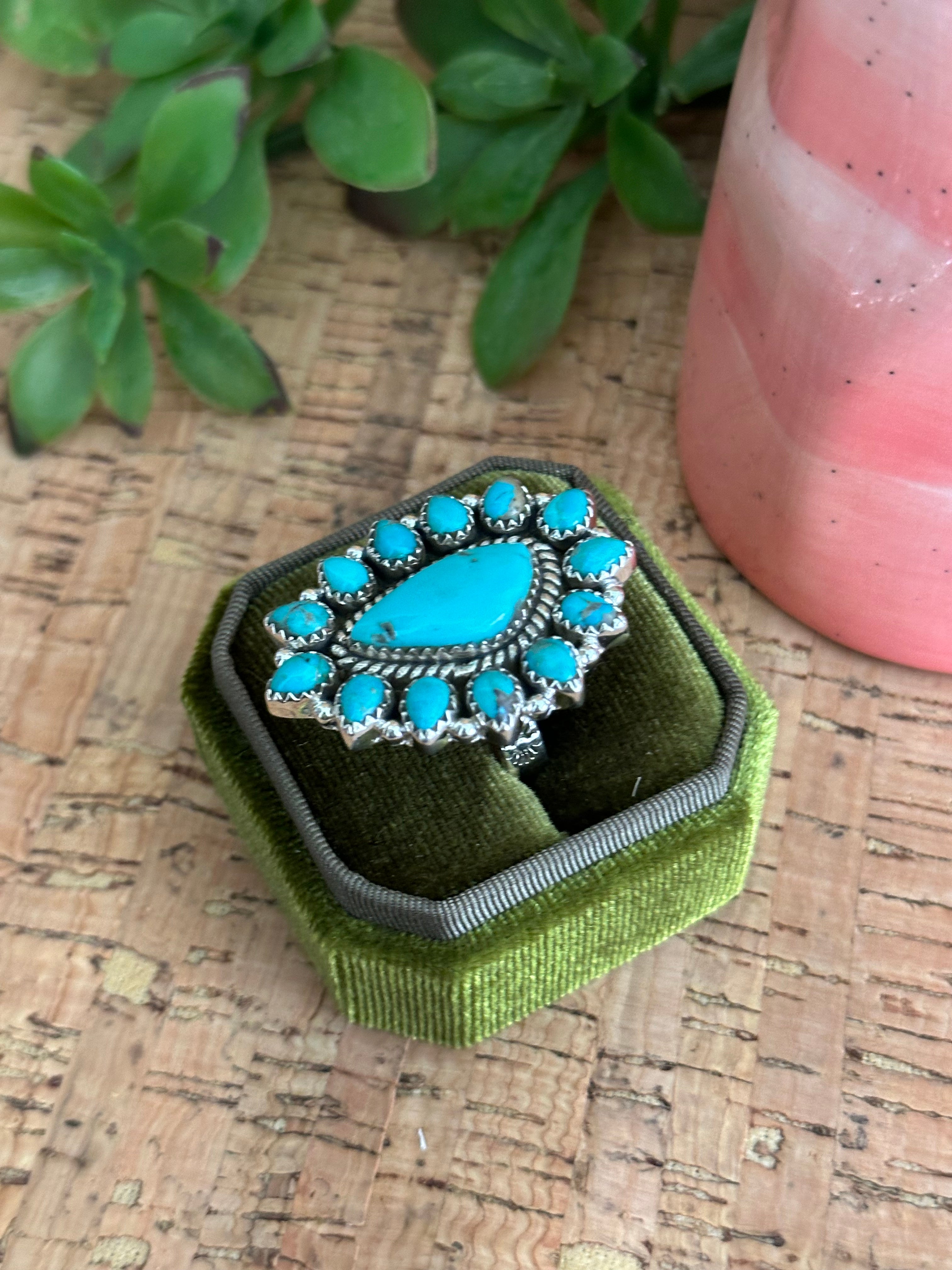 Southwest Handmade Kingman Turquoise & Sterling Silver Adjustable Cluster Ring