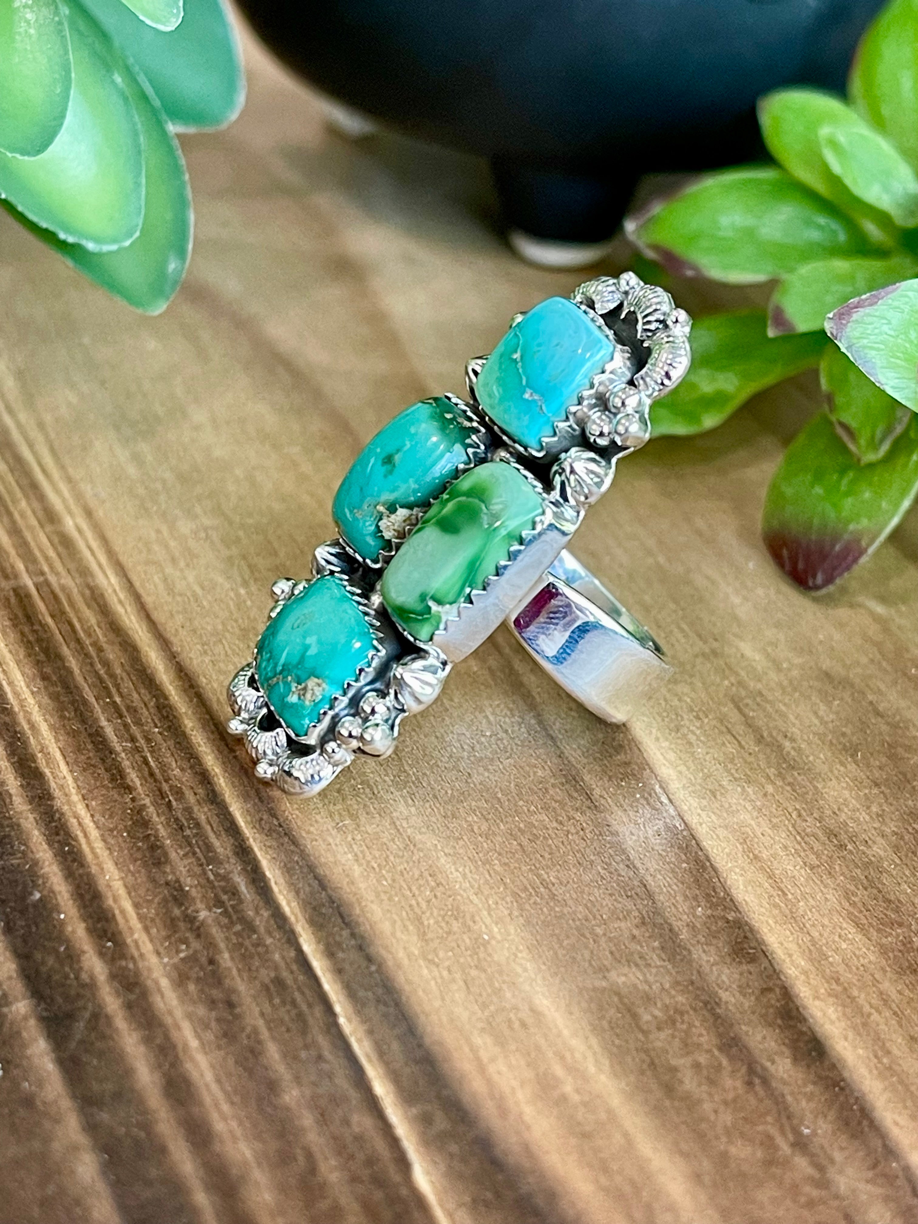 Southwest Handmade Emerald Valley Turquoise & Sterling Silver Adjustable Cluster Ring