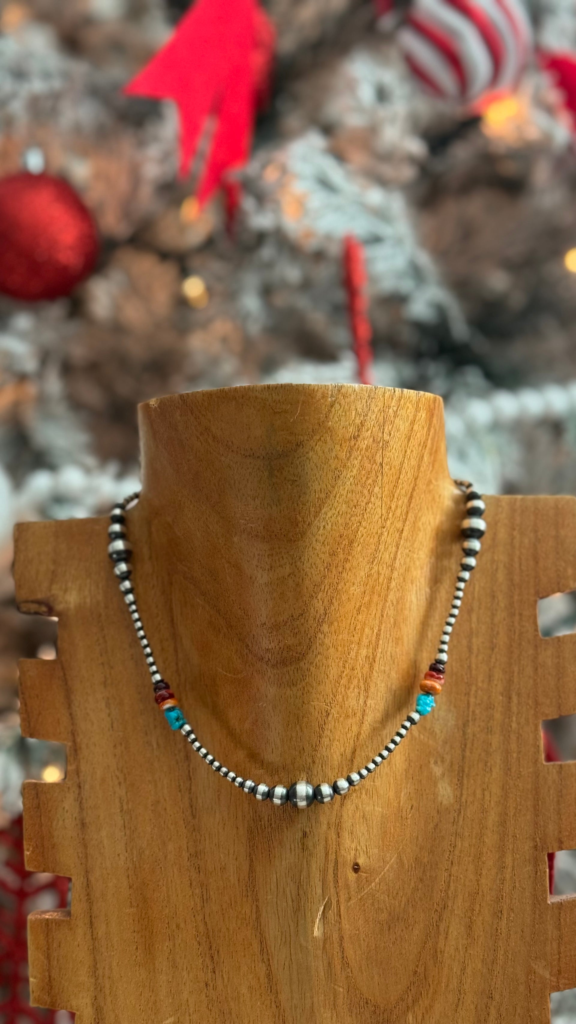 Navajo Strung Multi Stone & Sterling Silver Graduated Pearl Necklace