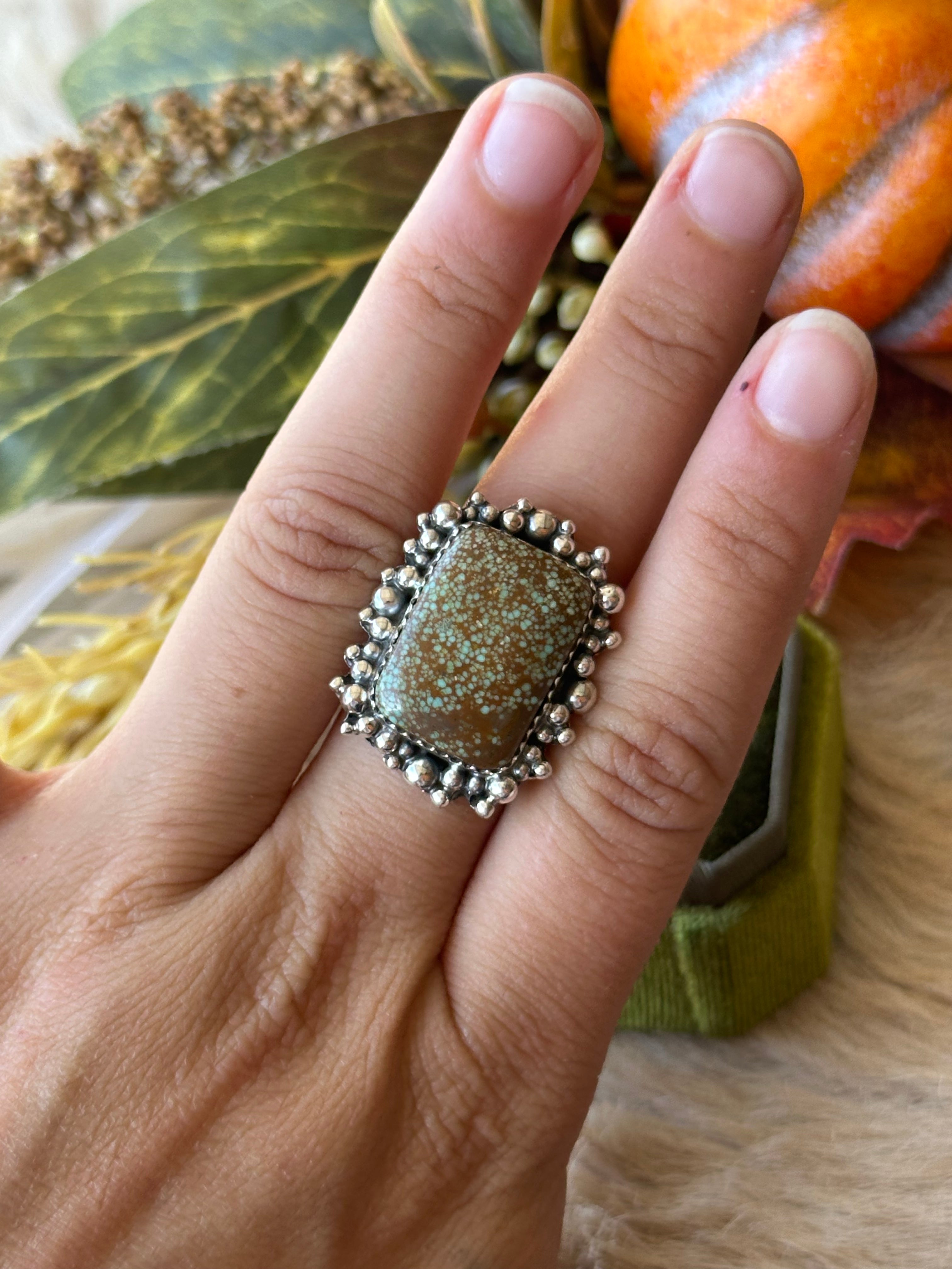 Southwest Handmade #8 Turquoise & Sterling Silver Adjustable Ring