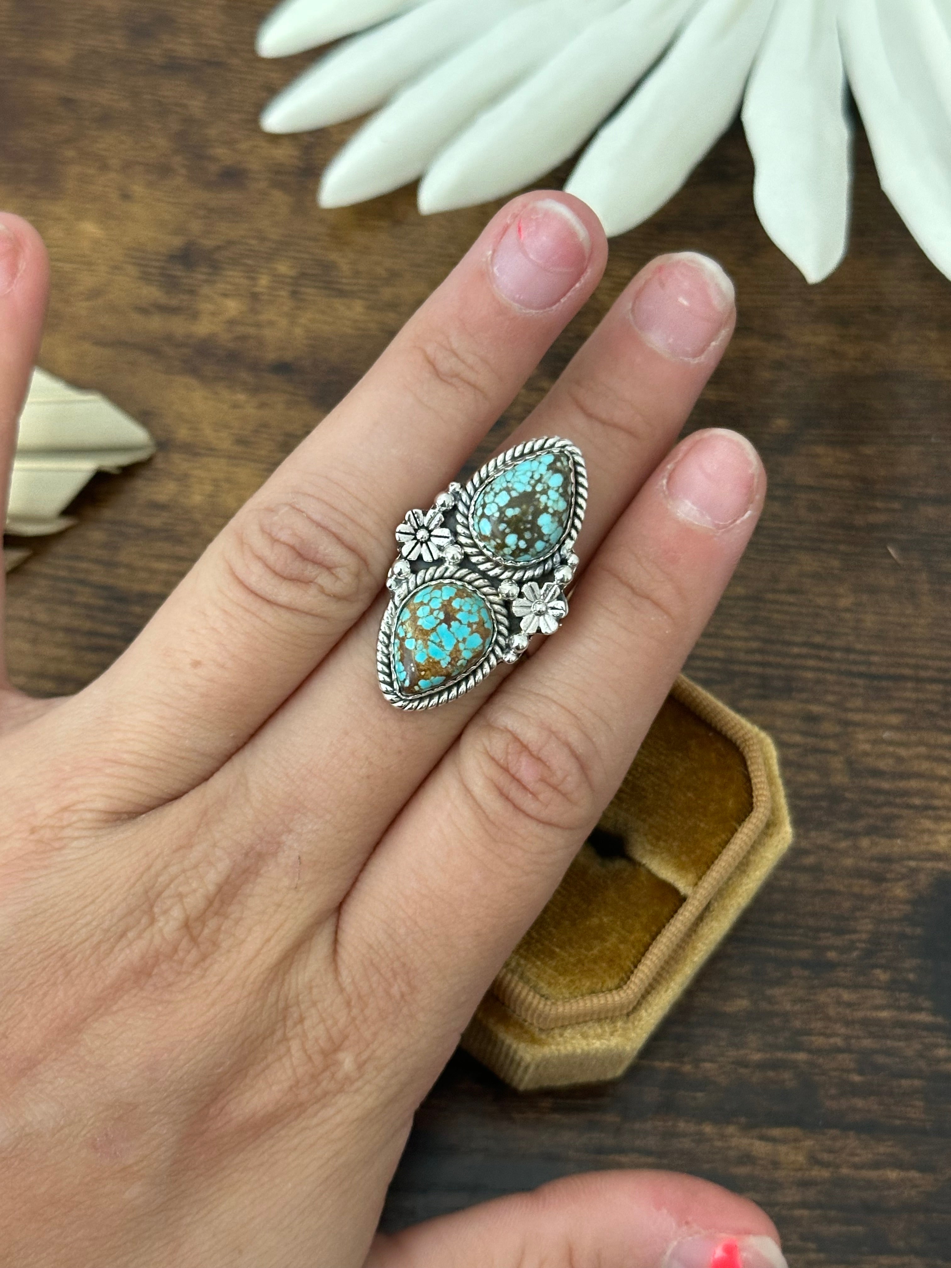 Southwest Handmade #8 Turquoise & Sterling Silver Adjustable Ring