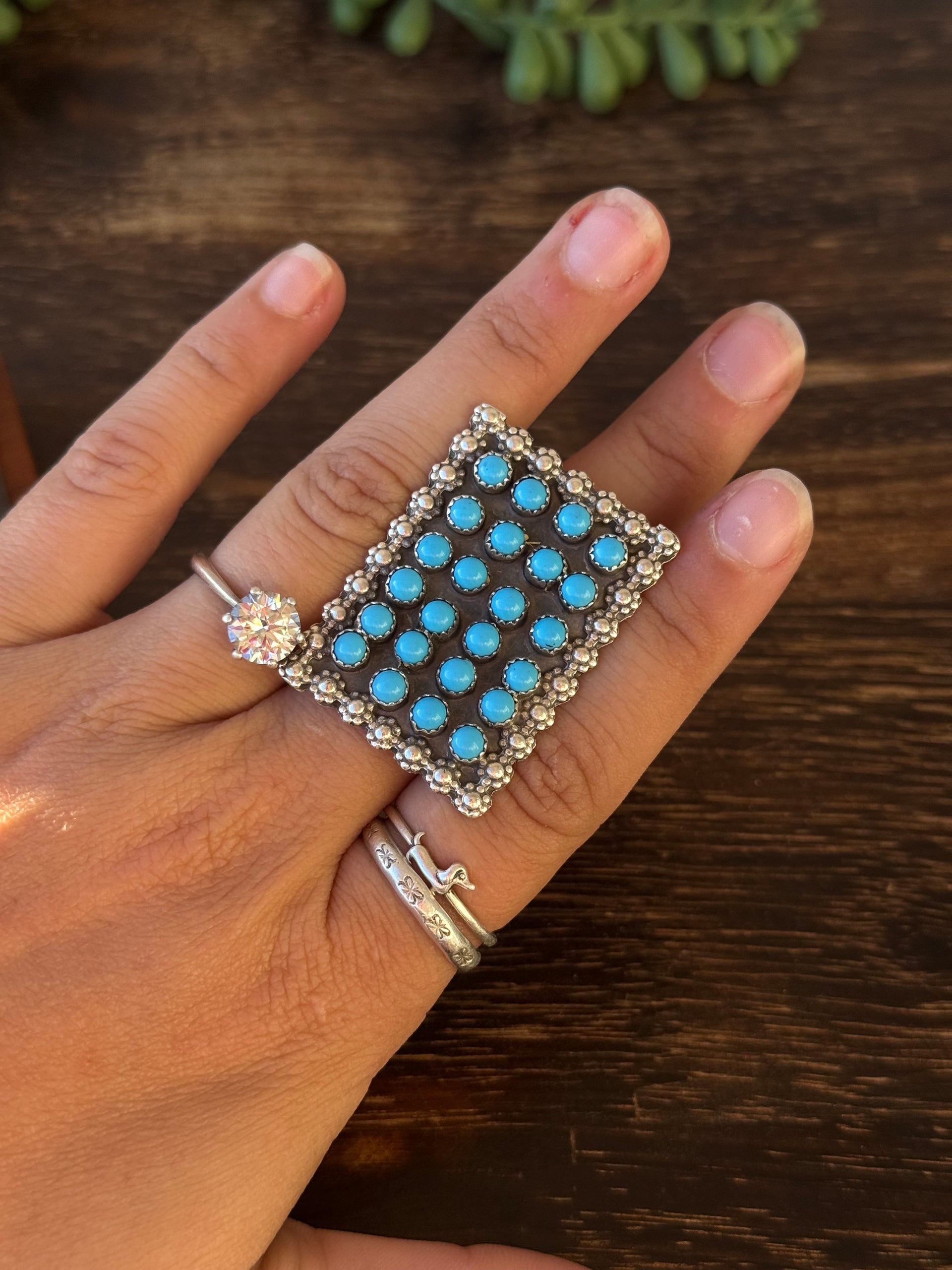 Navajo Made Turquoise & Sterling Silver Cluster Ring Size 10.25