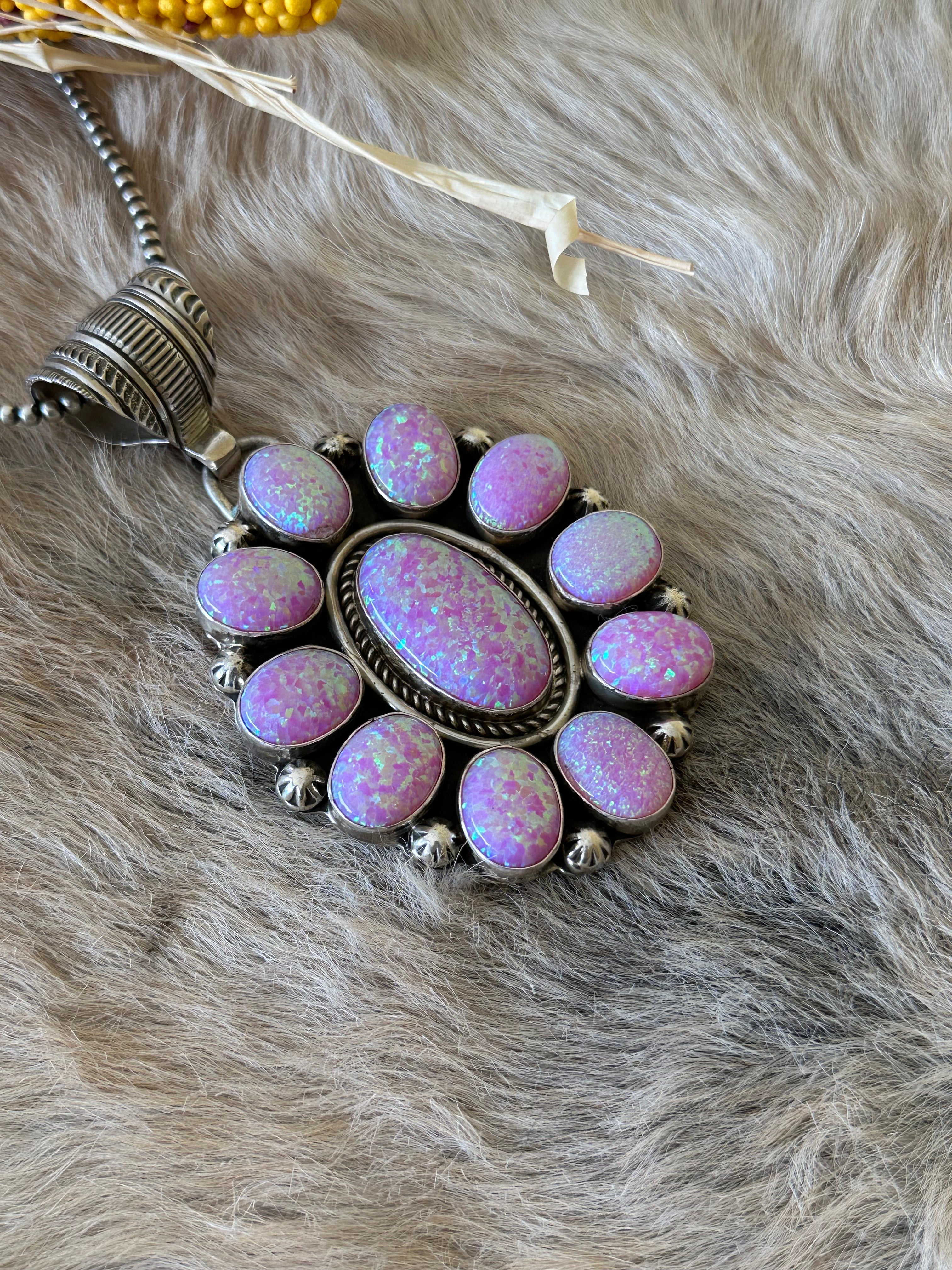 Navajo Made Purple Opal & Sterling Silver Cluster Pendant