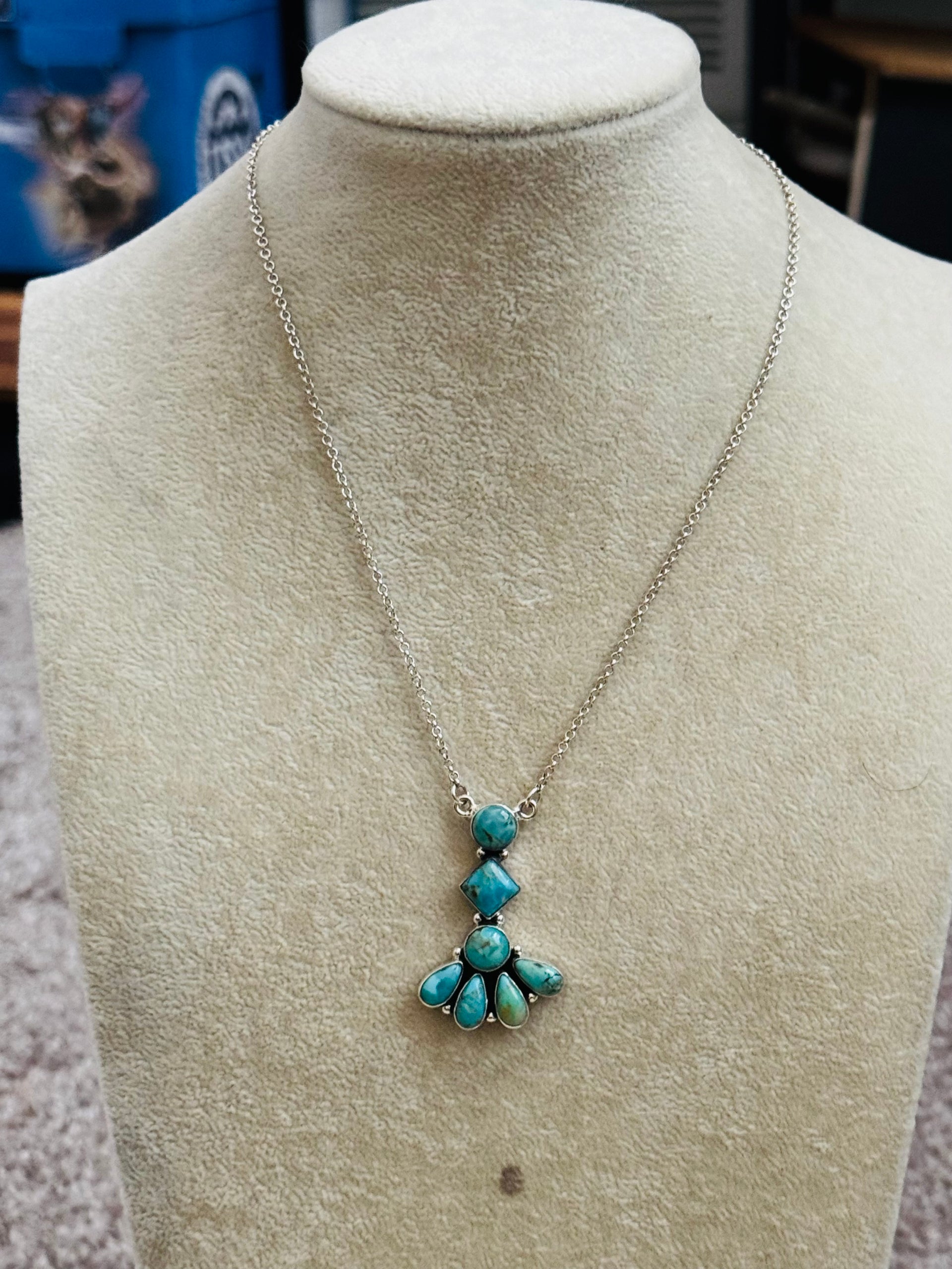 Southwest Handmade Kingman Turquoise & Sterling Silver Cluster Necklace