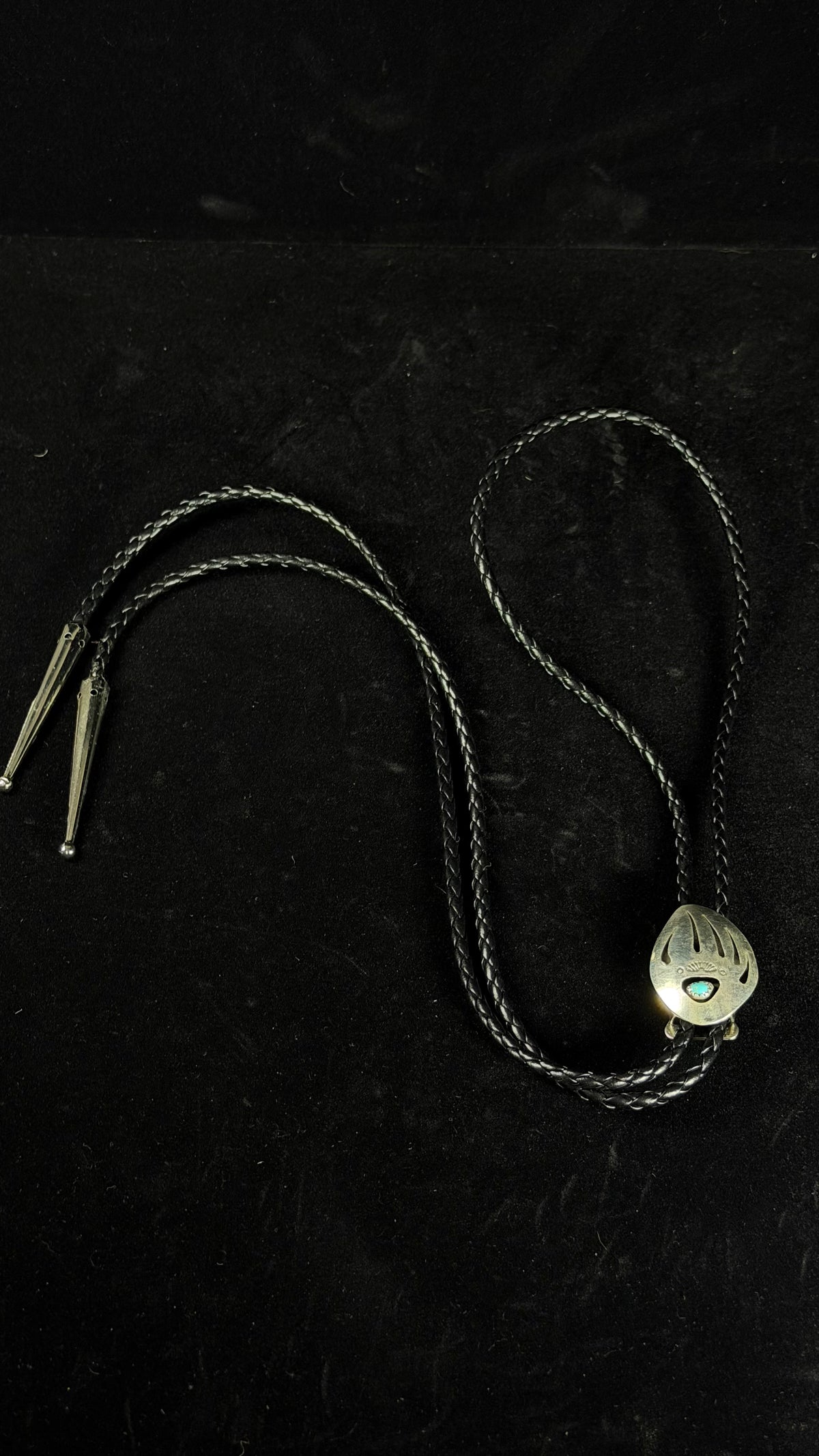 Navajo Made Kingman Turquoise & Sterling Silver Bear Claw Bolo Tie