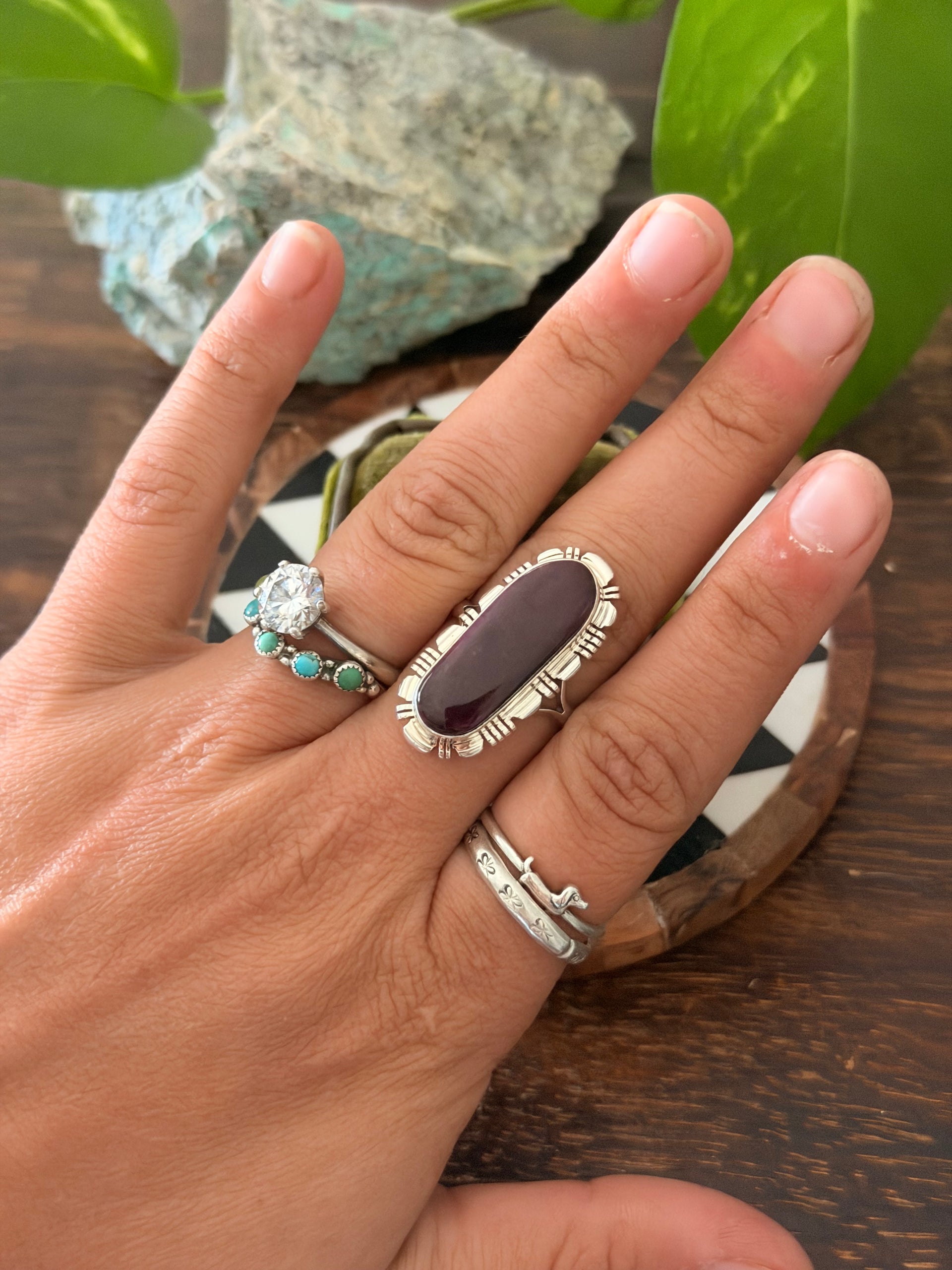 Navajo Made Purple Spiny Oyster & Sterling Silver Ring Size 8.75