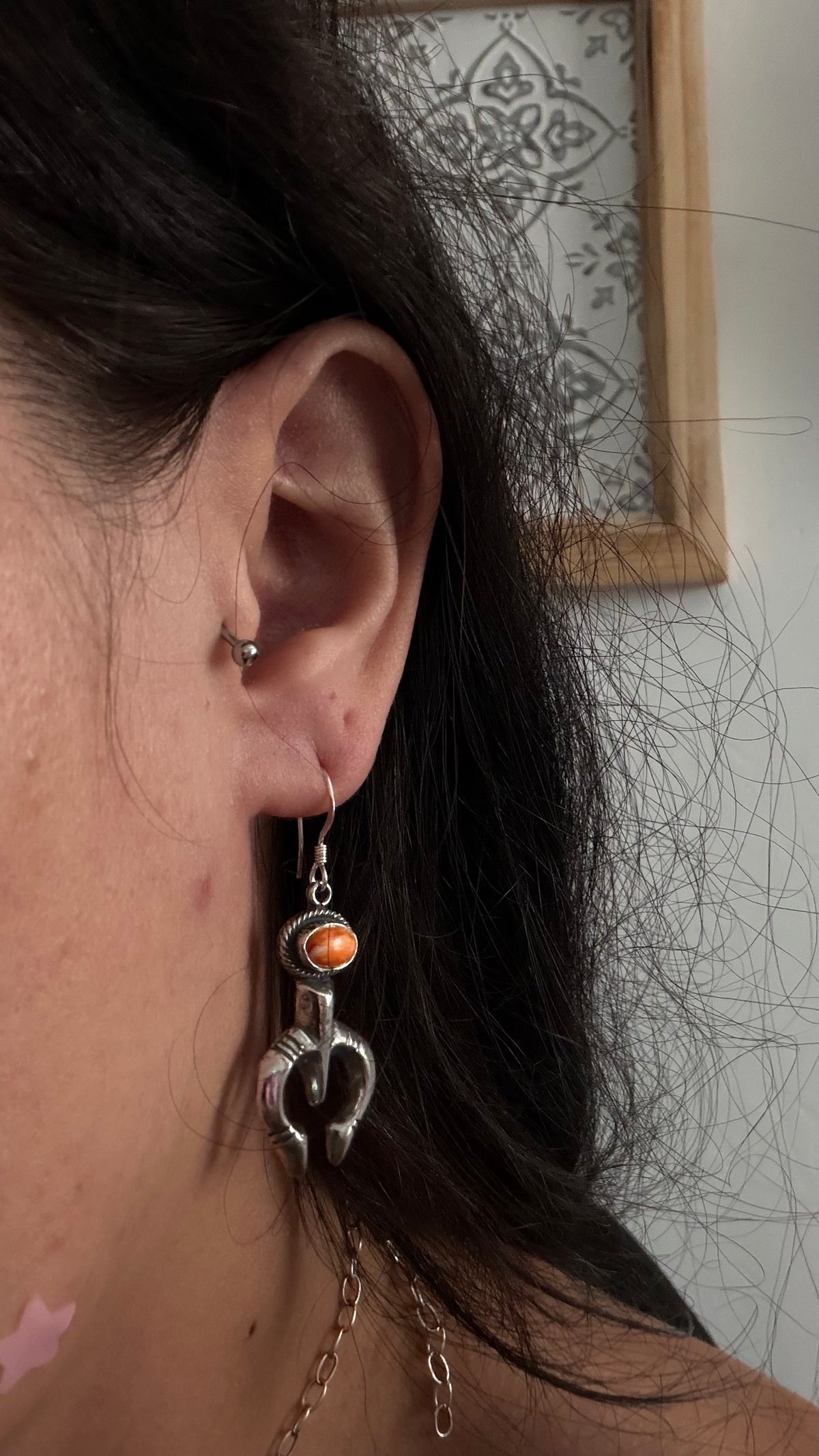 Navajo Made Spiny Oyster & Sterling Silver Naja Dangle Earrings