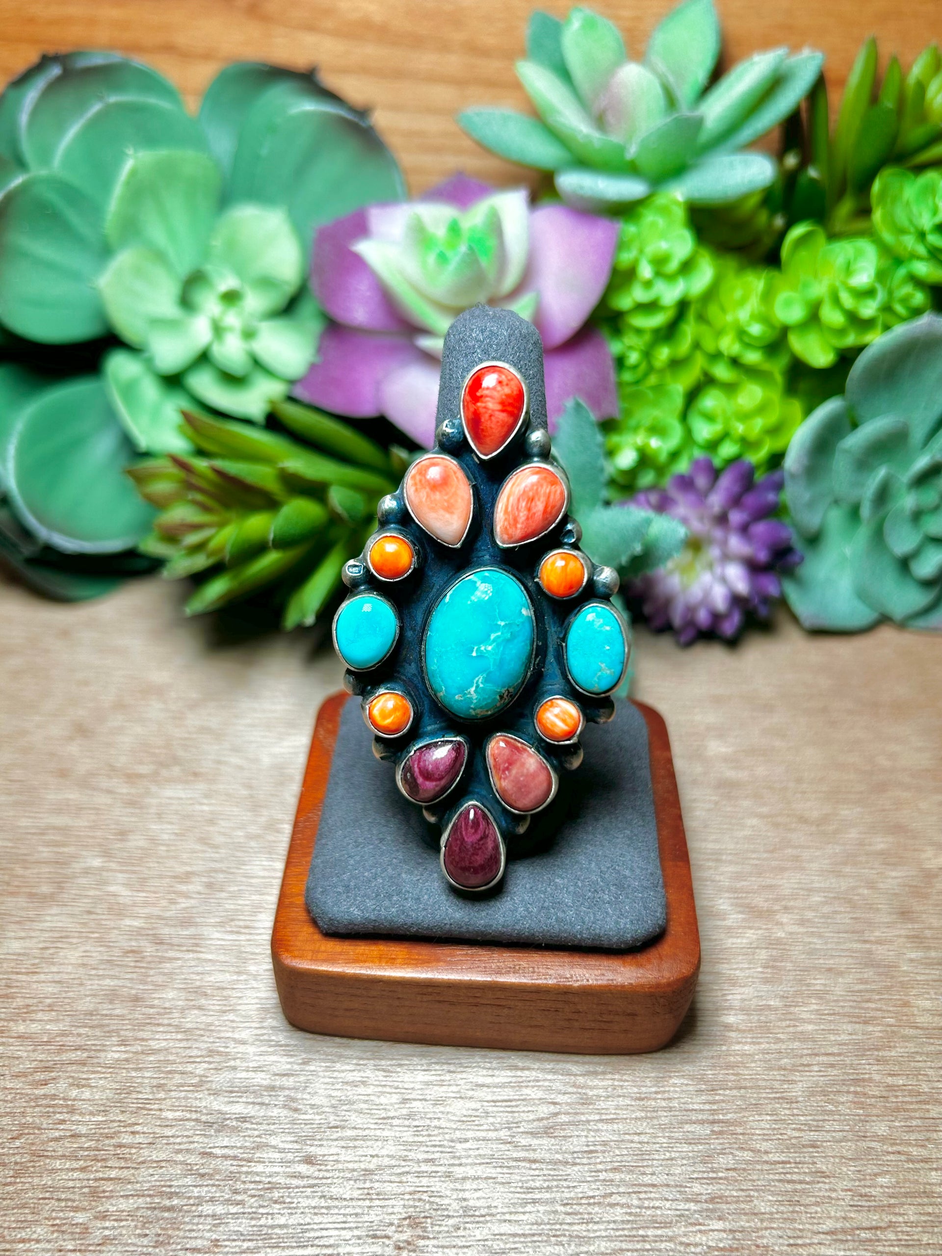 Navajo Made Multi Stone & Sterling Silver Adjustable Ring