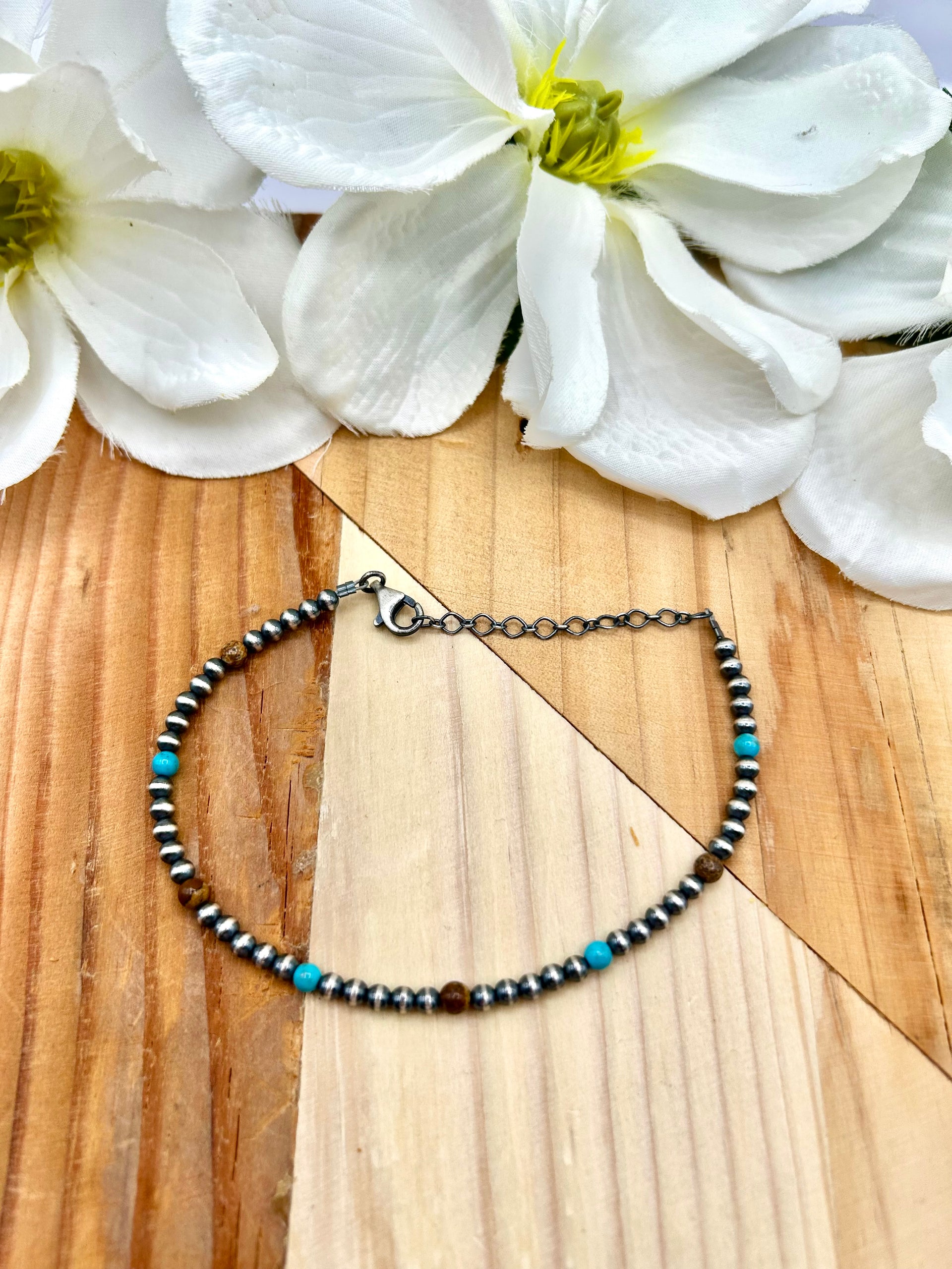 Navajo Made Multi Stone & Sterling Silver Strung Anklet