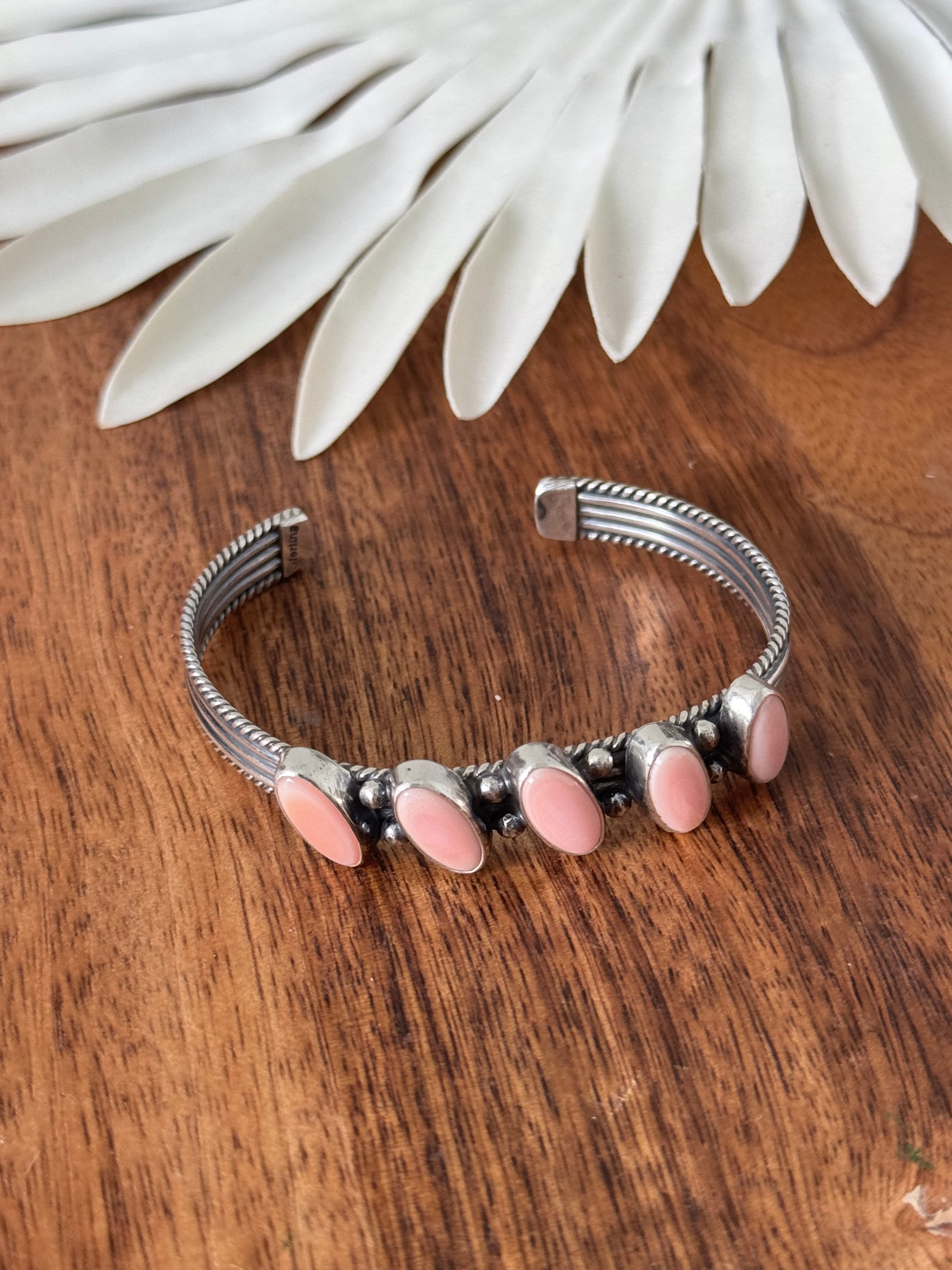 Navajo Made Pink Conch & Sterling Silver Cuff Bracelet