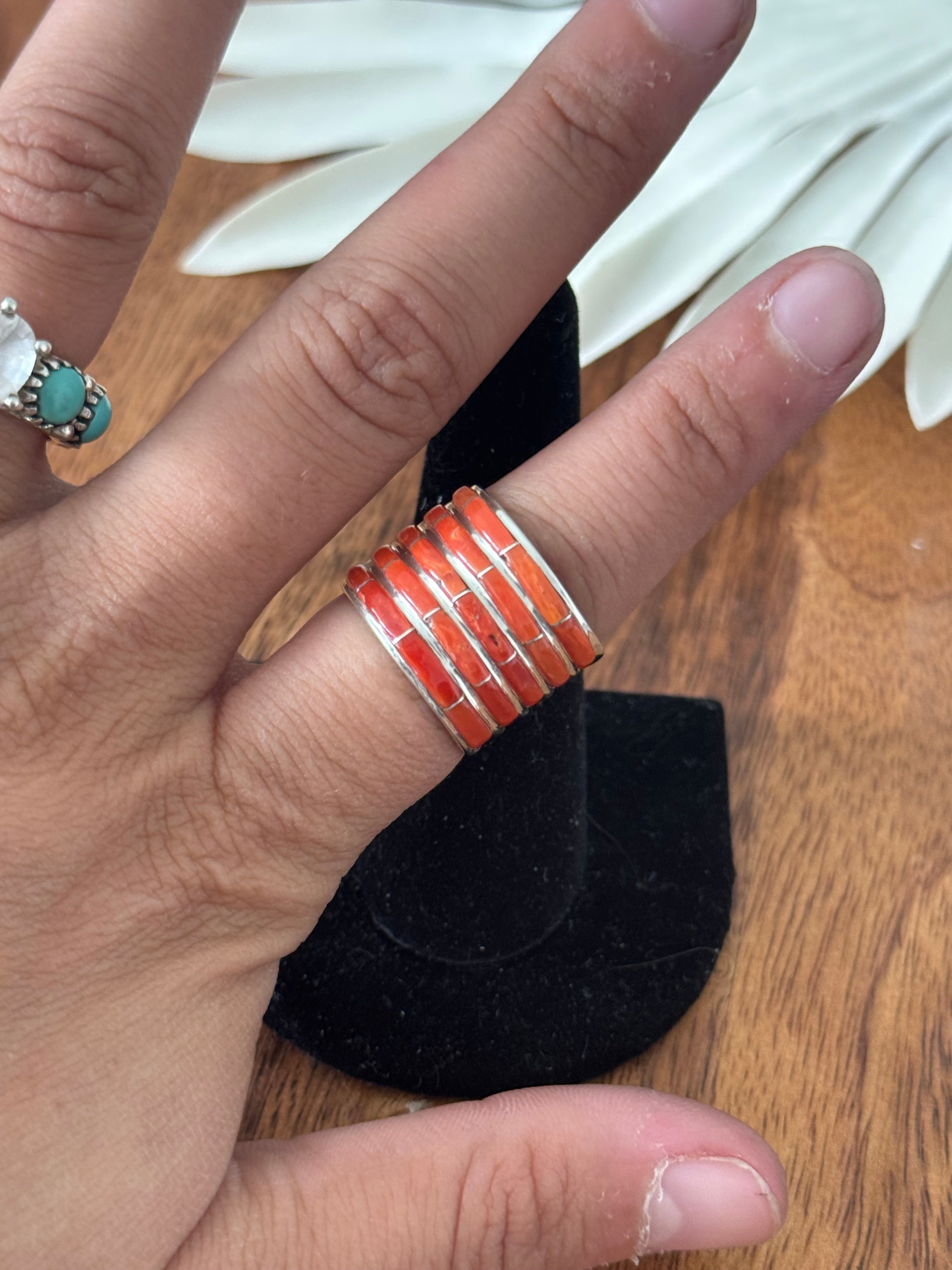 Navajo Made Red Coral & Sterling Silver Inlay Ring