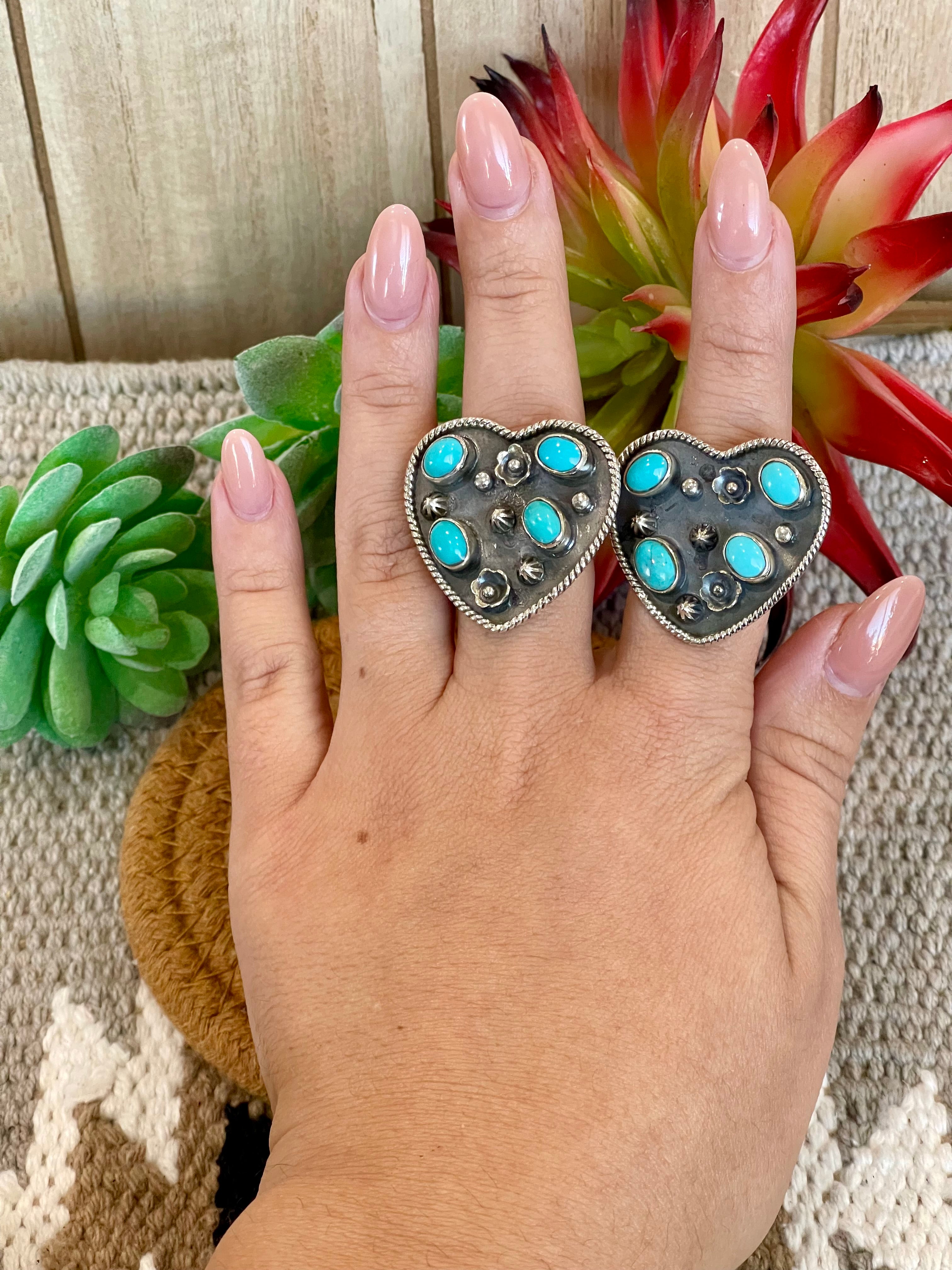 Southwest Handmade Kingman Turquoise & Sterling Silver Adjustable Heart Ring