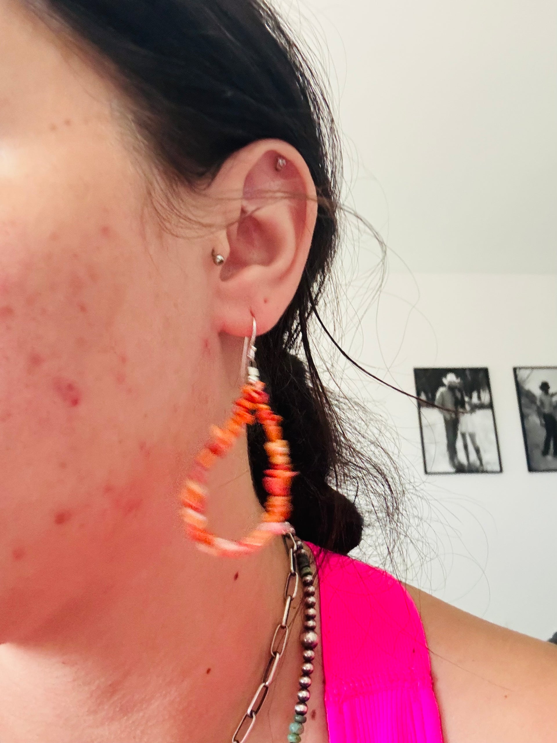 Southwest Strung Spiny Oyster & Sterling Silver Beaded Dangle Earrings