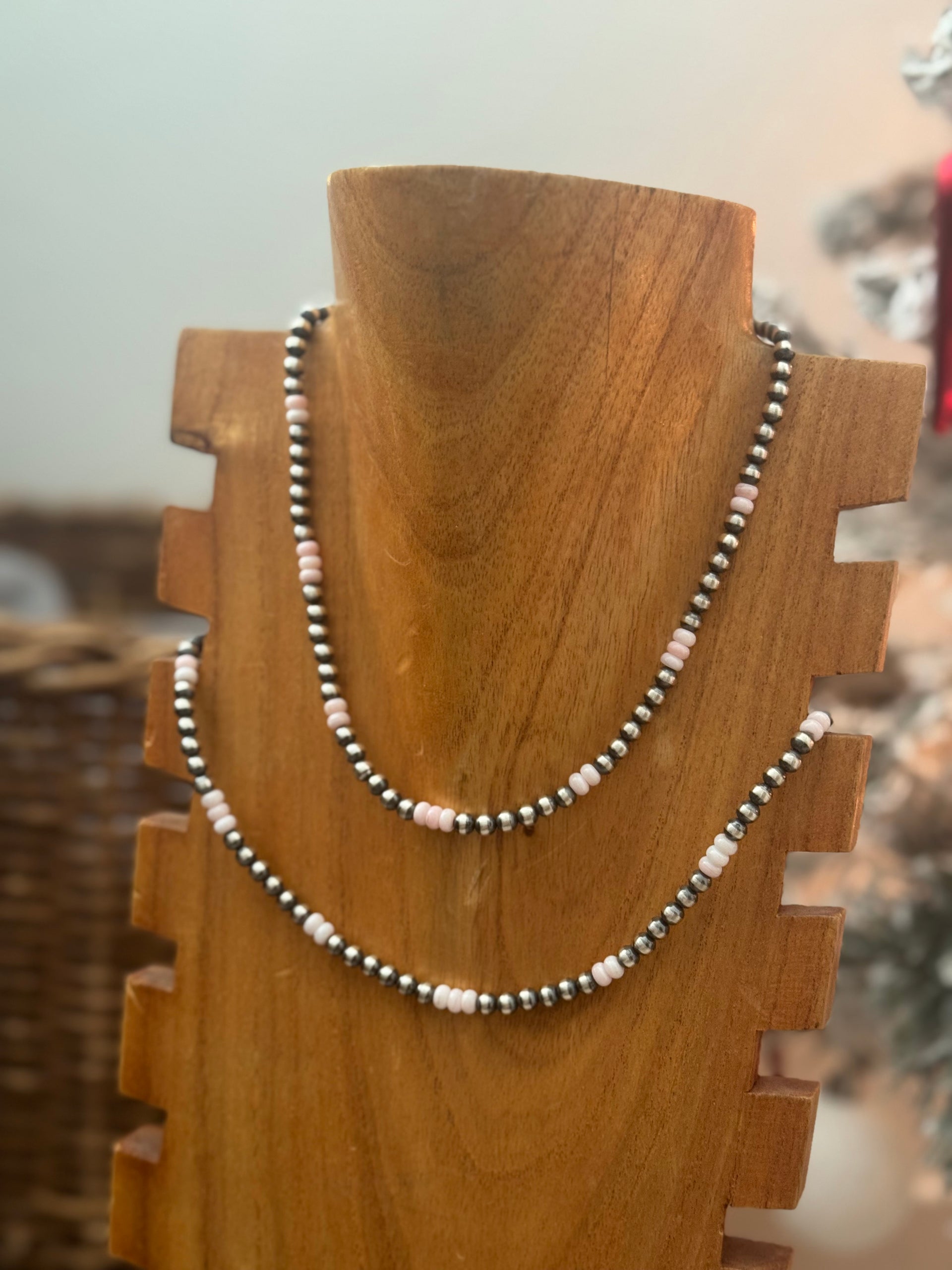 Navajo Strung Pink Conch & Sterling Silver Pearl Necklace