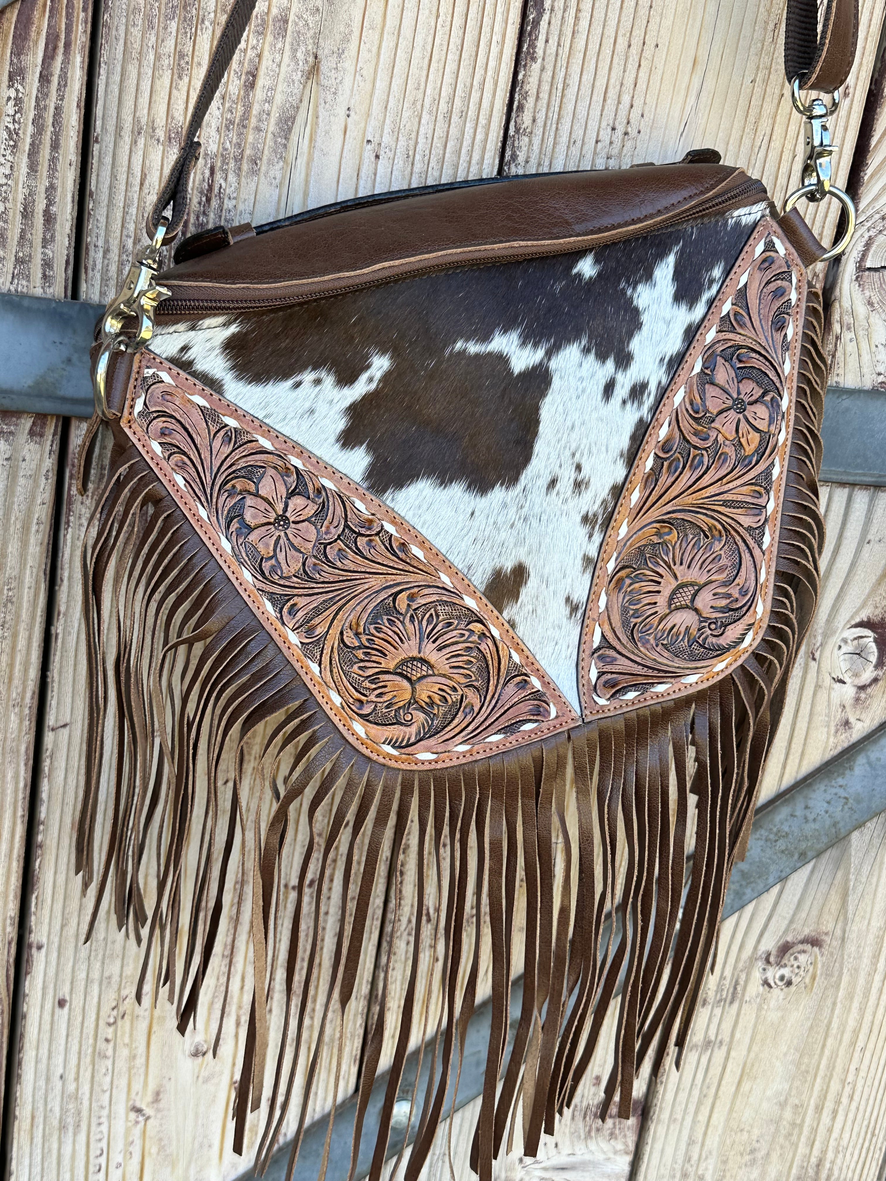 Genuine Tooled Leather & Cowhide Fringe Purse