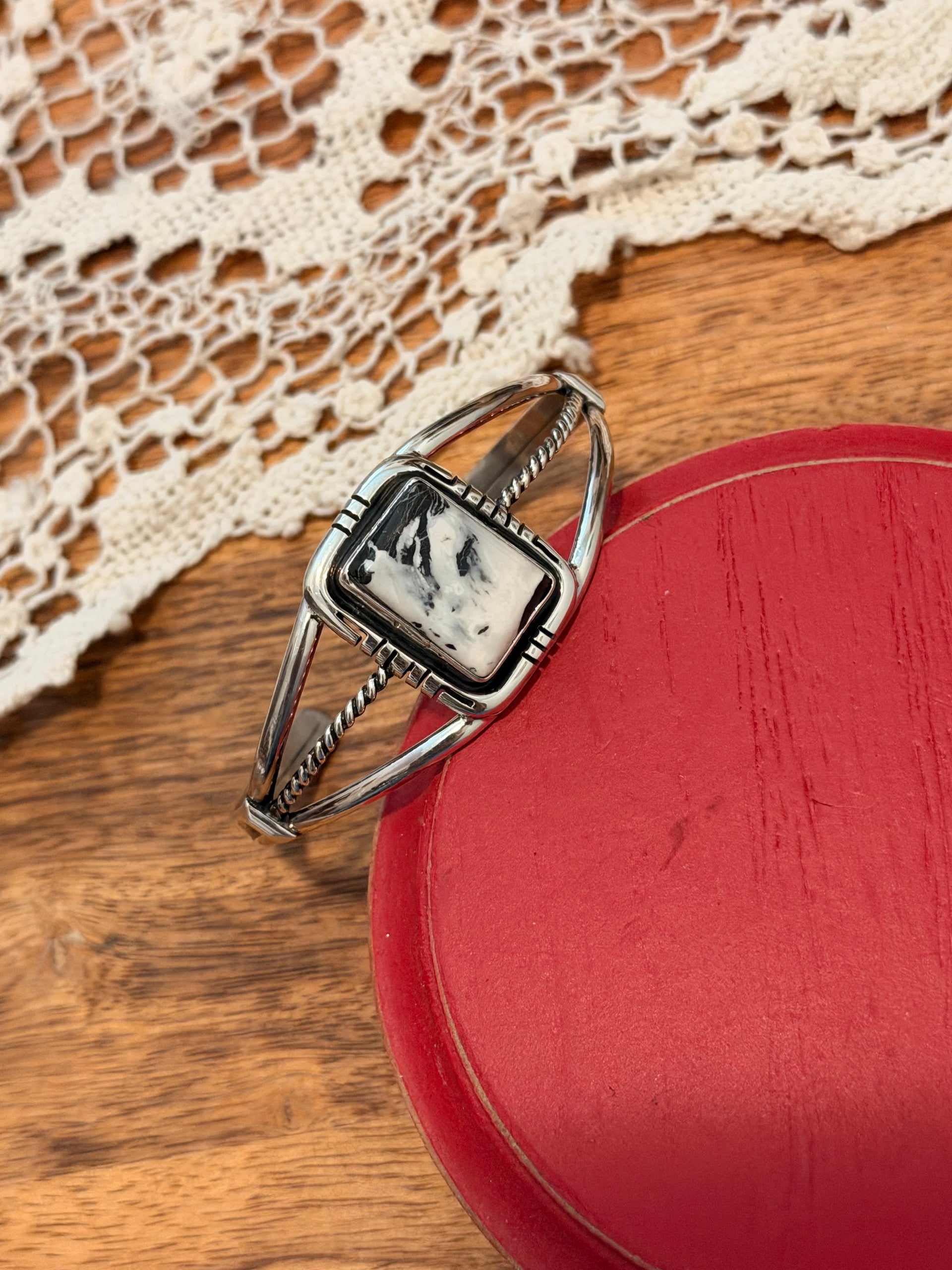 Navajo Made White Buffalo & Sterling Silver Cuff Bracelet