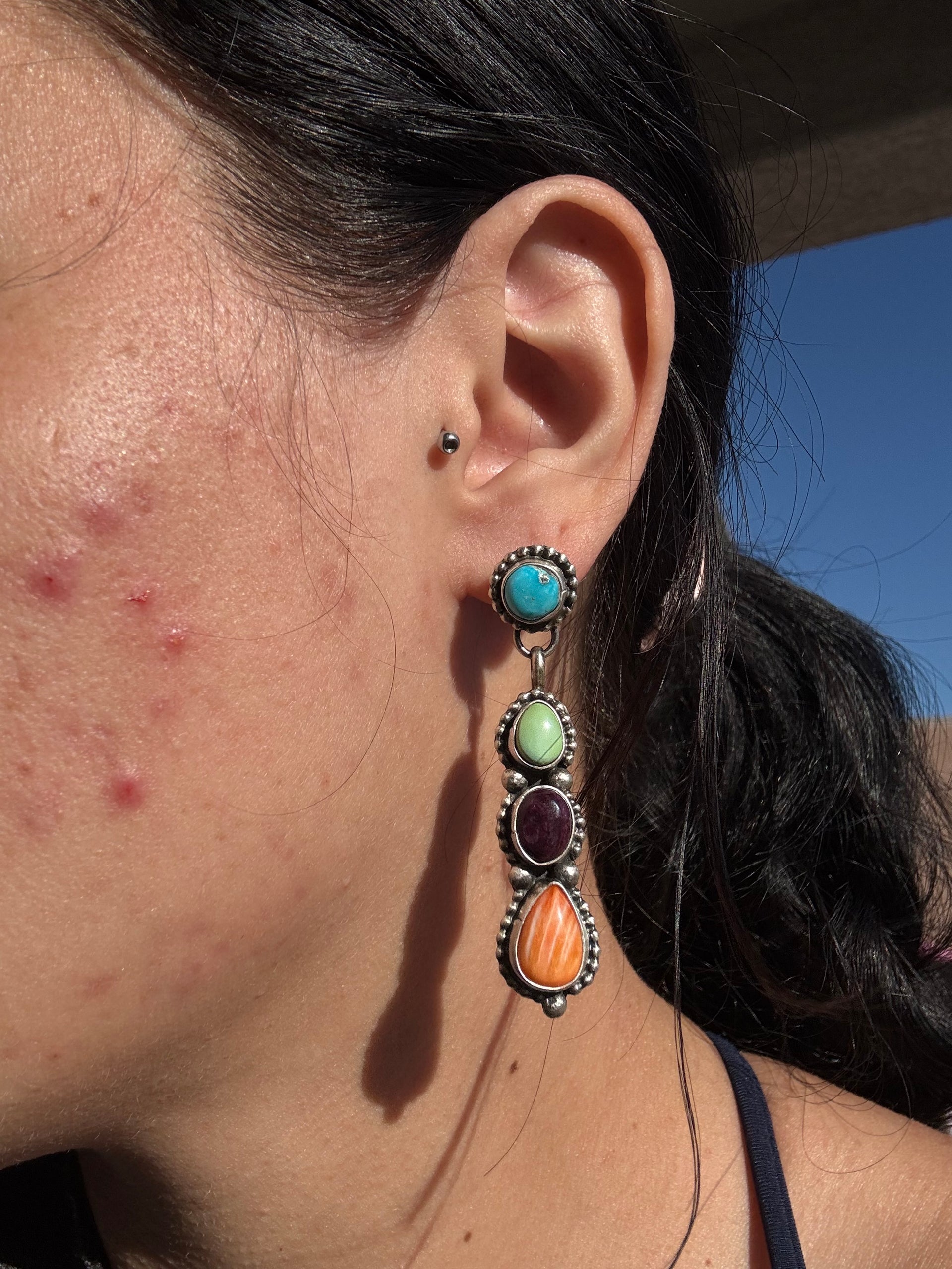 Navajo Made Multi Stone & Sterling Silver Post Dangle Earrings