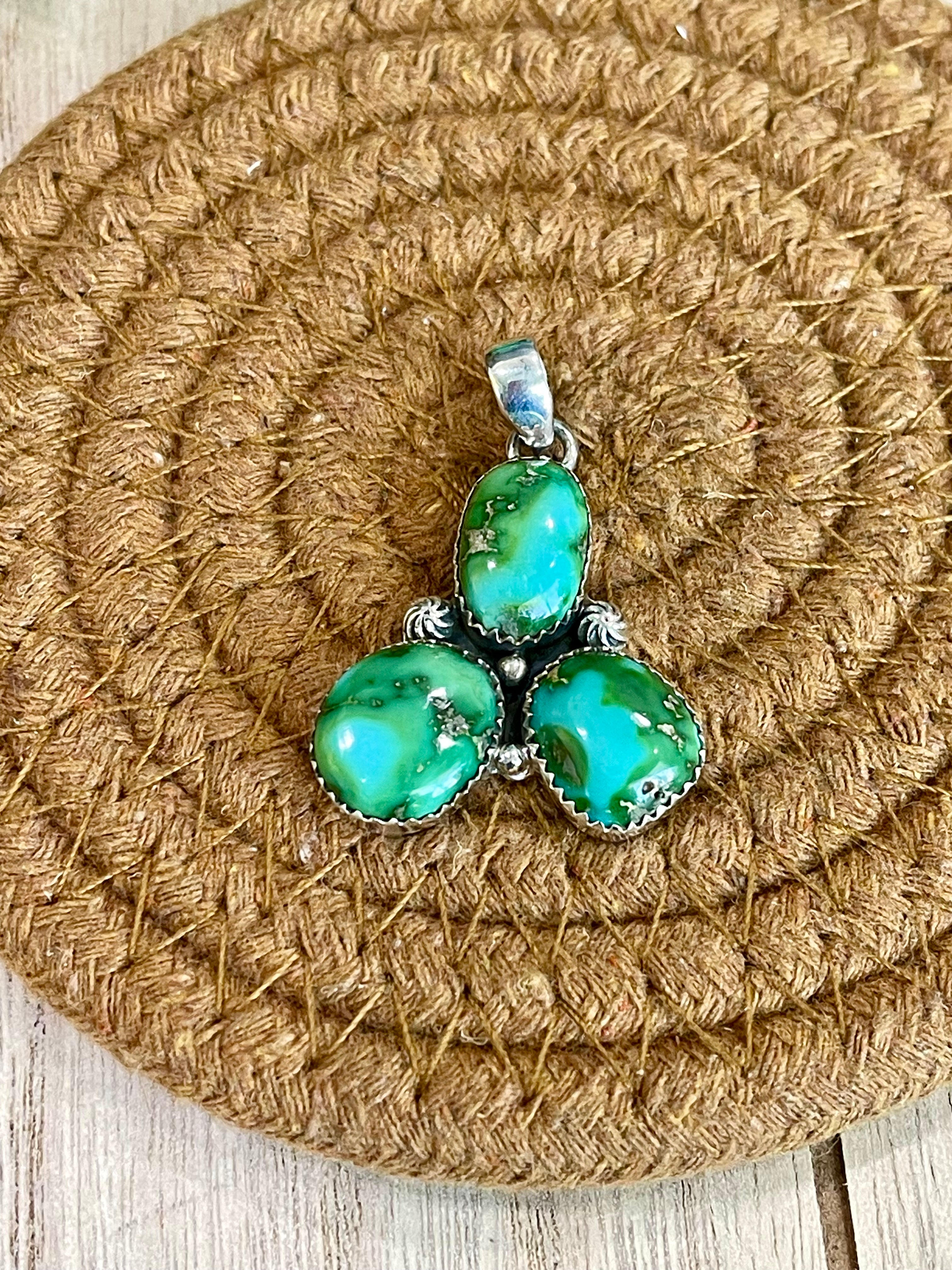 Southwest Handmade Sonoran Mountain Turquoise & Sterling Silver 3 Stone Pendant