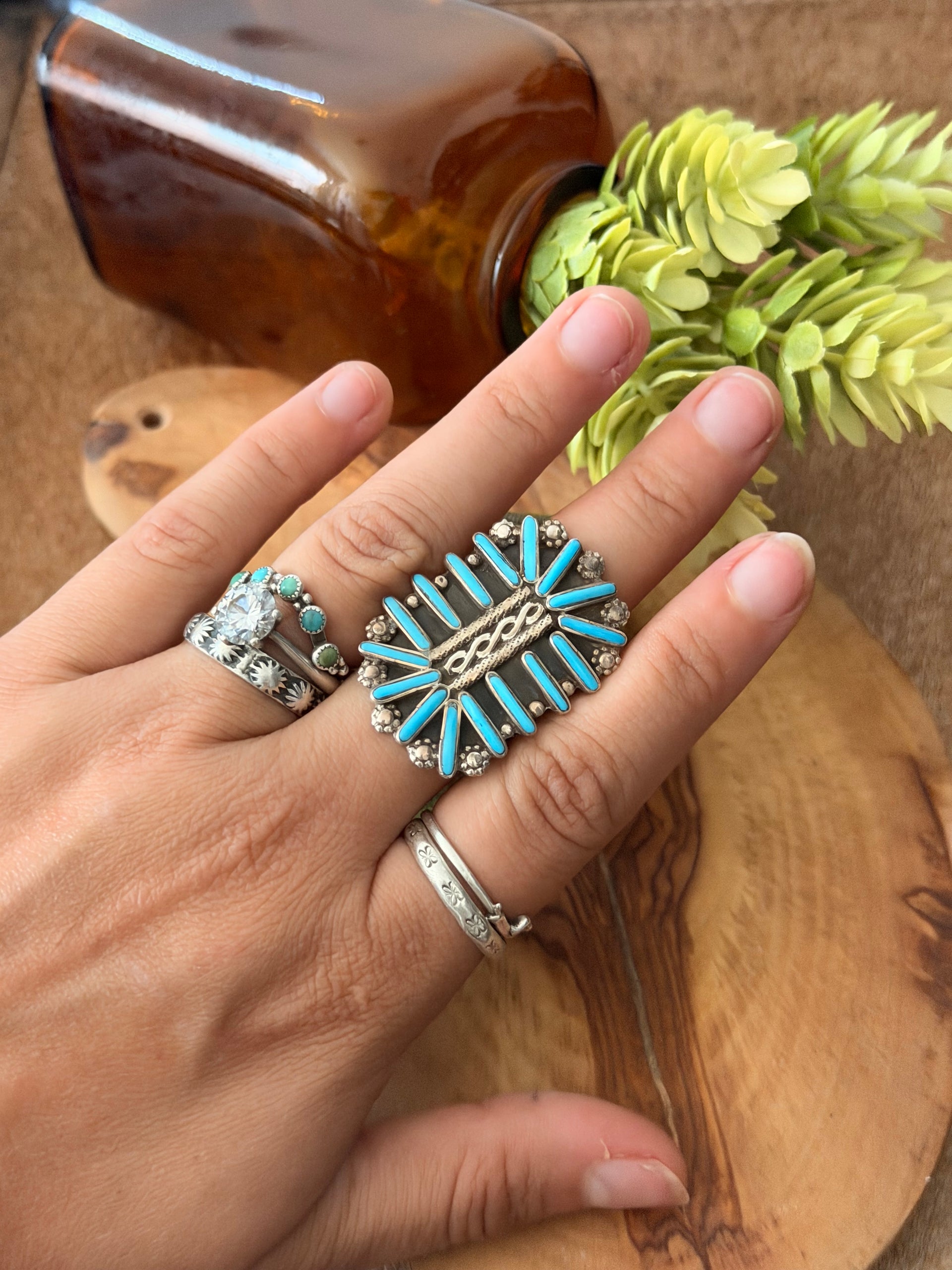 Zuni Made Kingman Turquoise & Sterling Silver Petite Cluster Ring Size 9.5