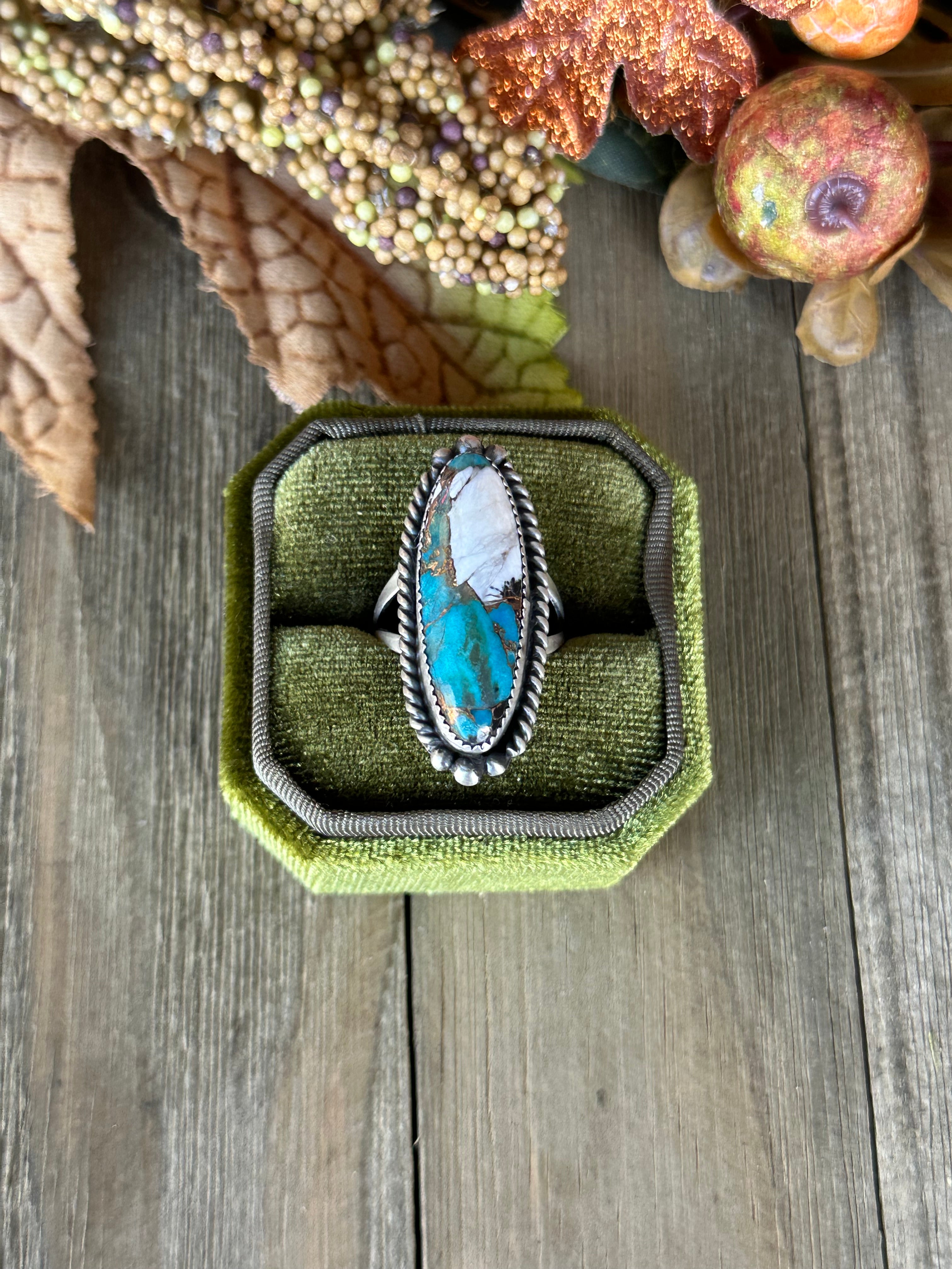 Navajo Made Mohave Turquoise & White Buffalo & Sterling Silver Ring