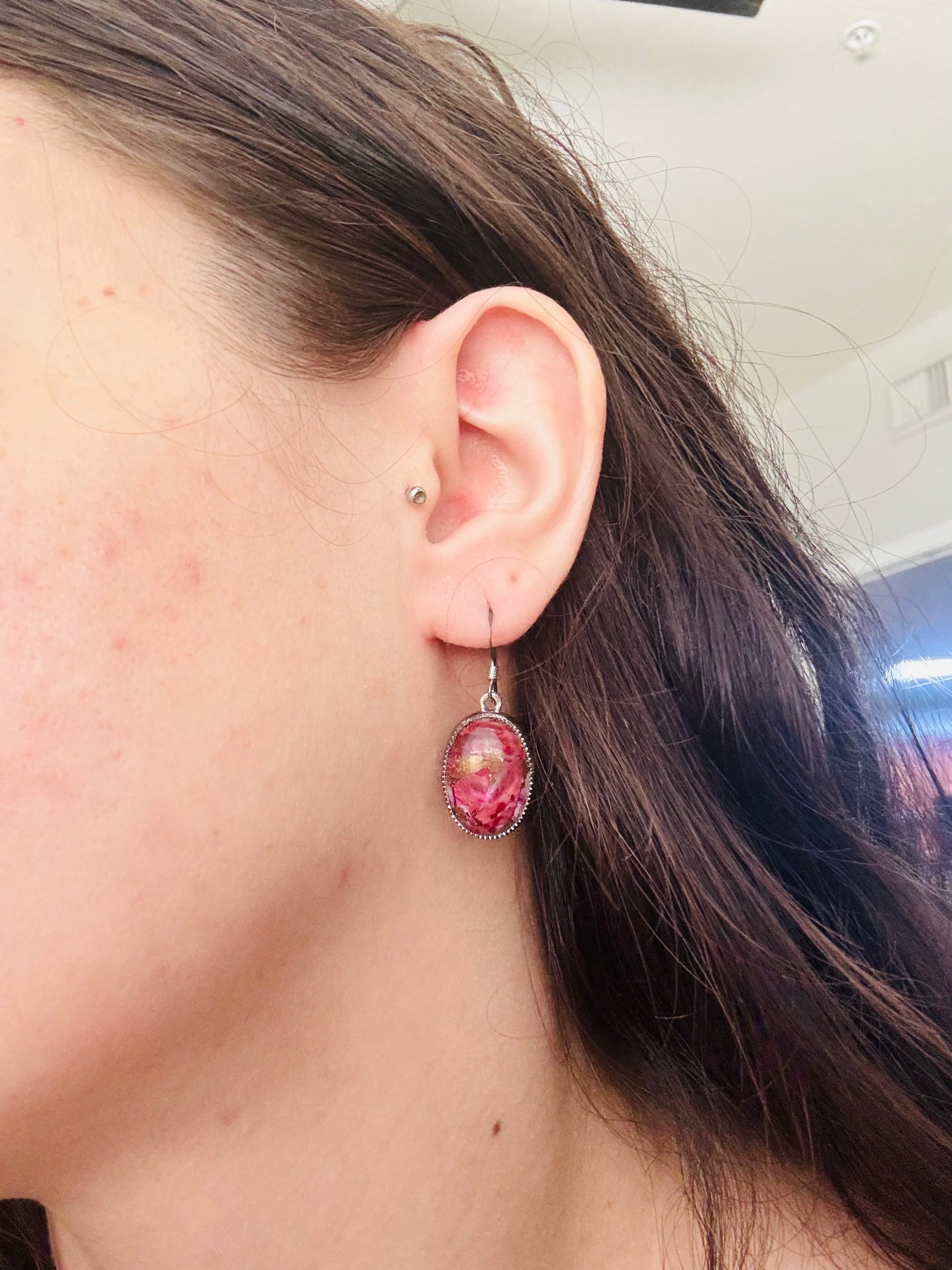 Navajo Made Pink Mohave Turquoise & Sterling Silver Dangle Earrings