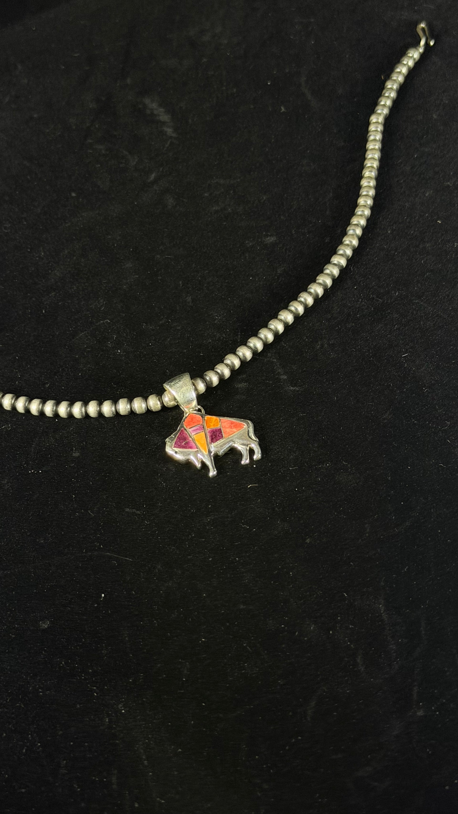 Navajo Made Spiny Oyster & Sterling Silver Buffalo Inlay Pendant