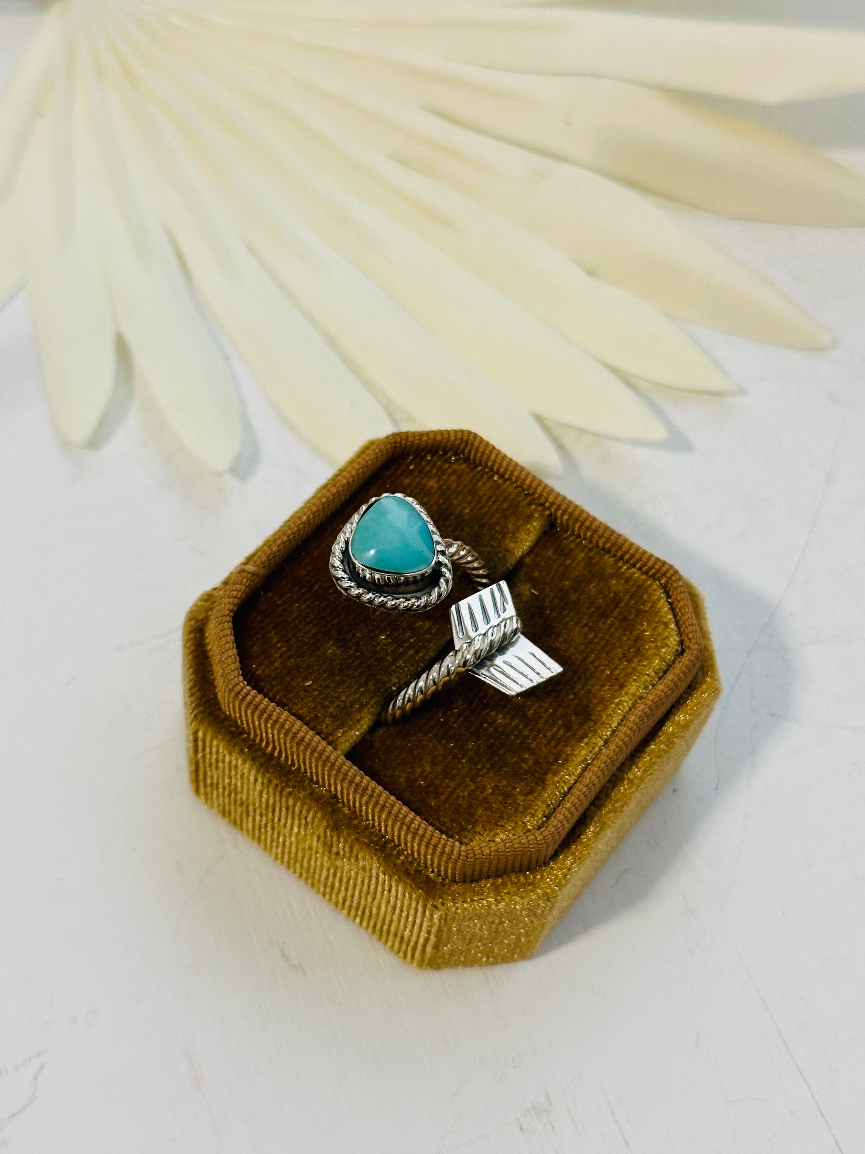 Navajo Made Kingman Turquoise & Sterling Silver Arrow Adjustable Ring