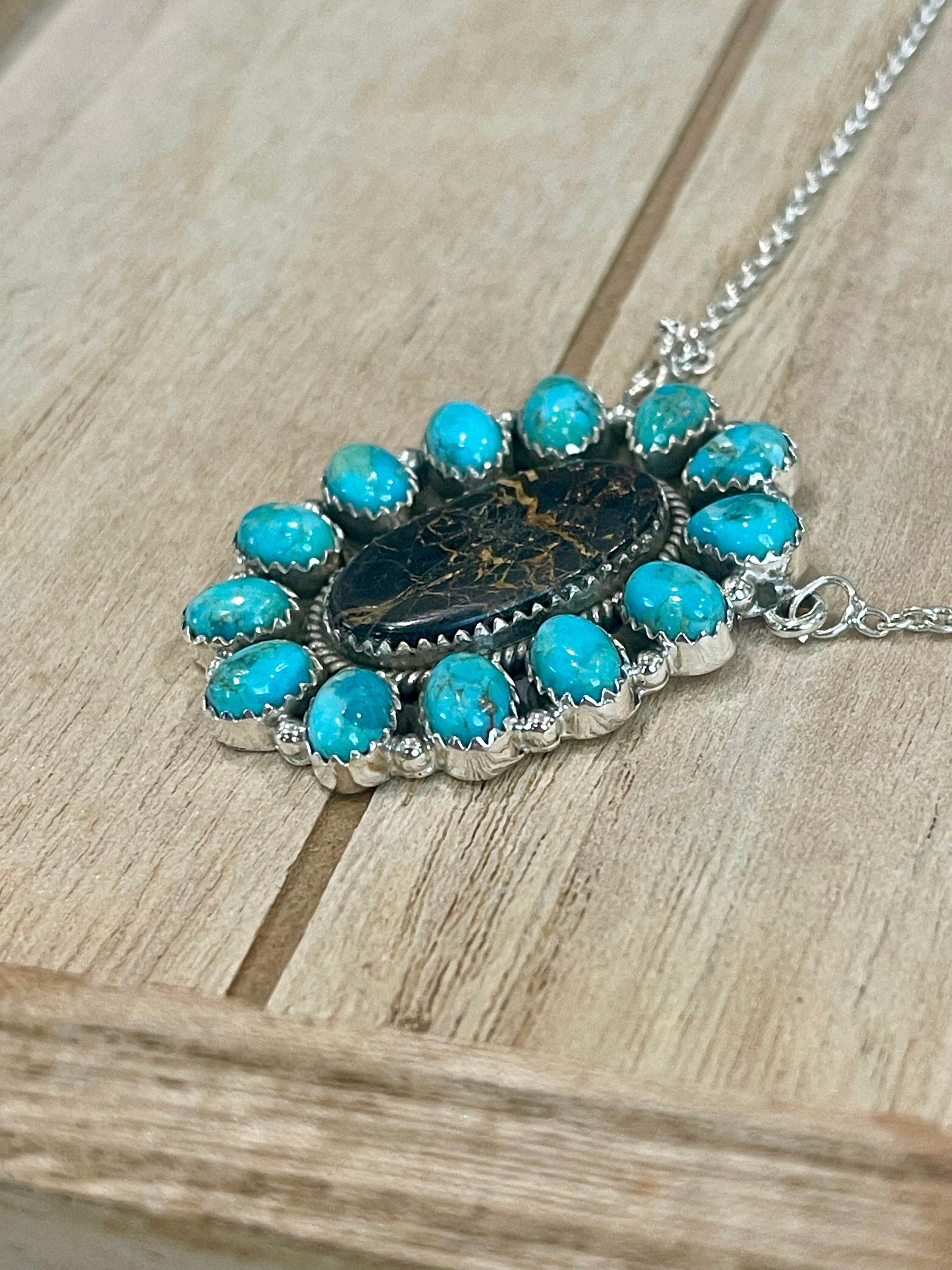 Southwest Handmade BlackJack Turquoise And Kingman Turquoise & Sterling Silver Necklace