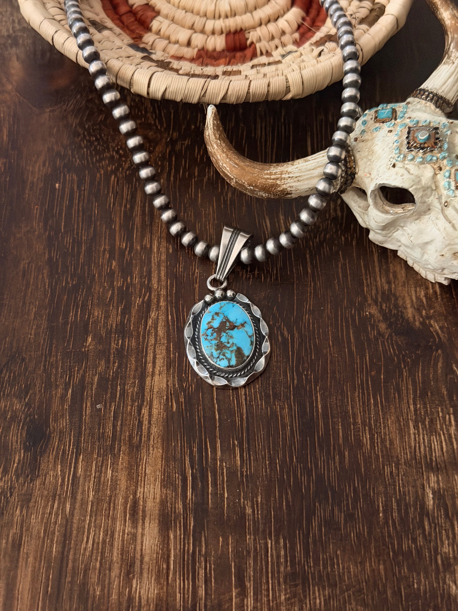 Navajo Made High Grade Kingman Turquoise & Sterling Silver Pendant