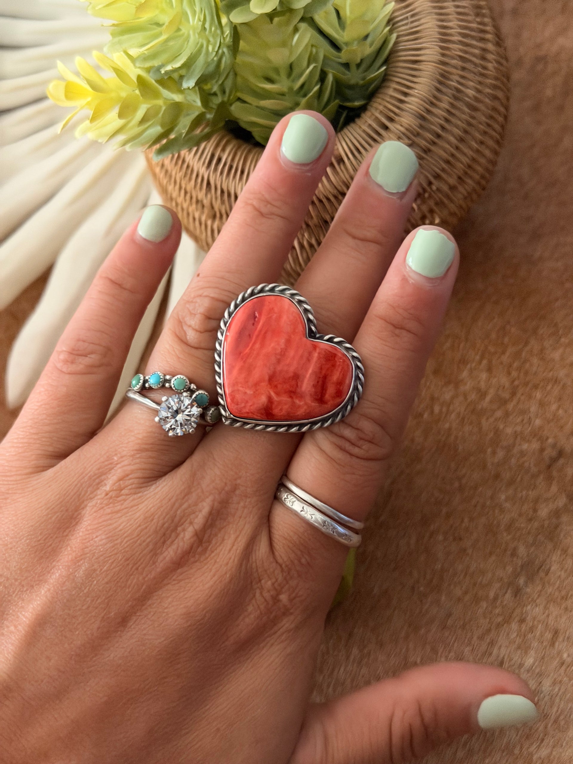 Navajo Made Red Spiny Oyster & Sterling Silver Adjustable Heart Ring
