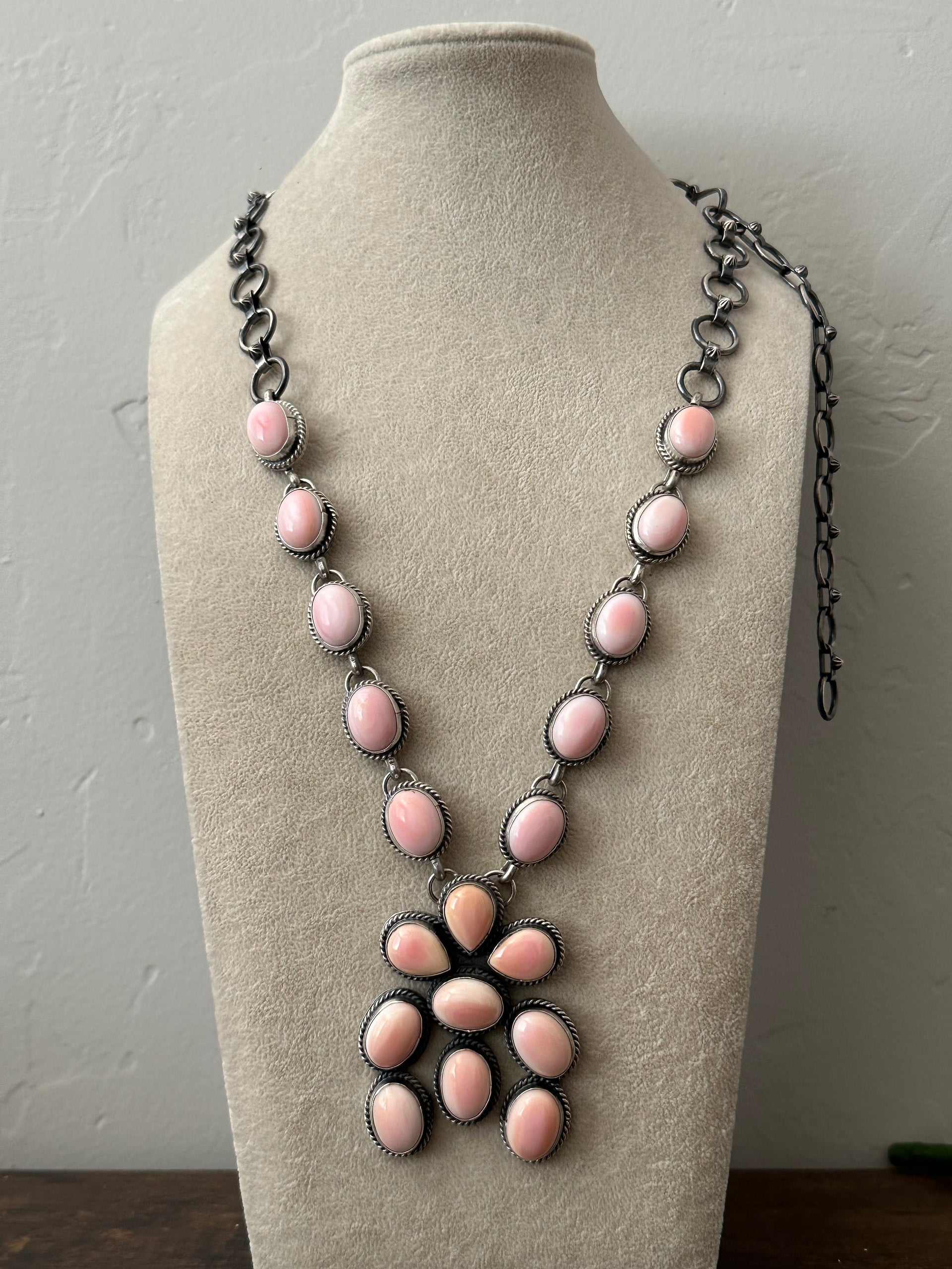 Navajo Made Pink Conch & Sterling Silver Cluster Necklace