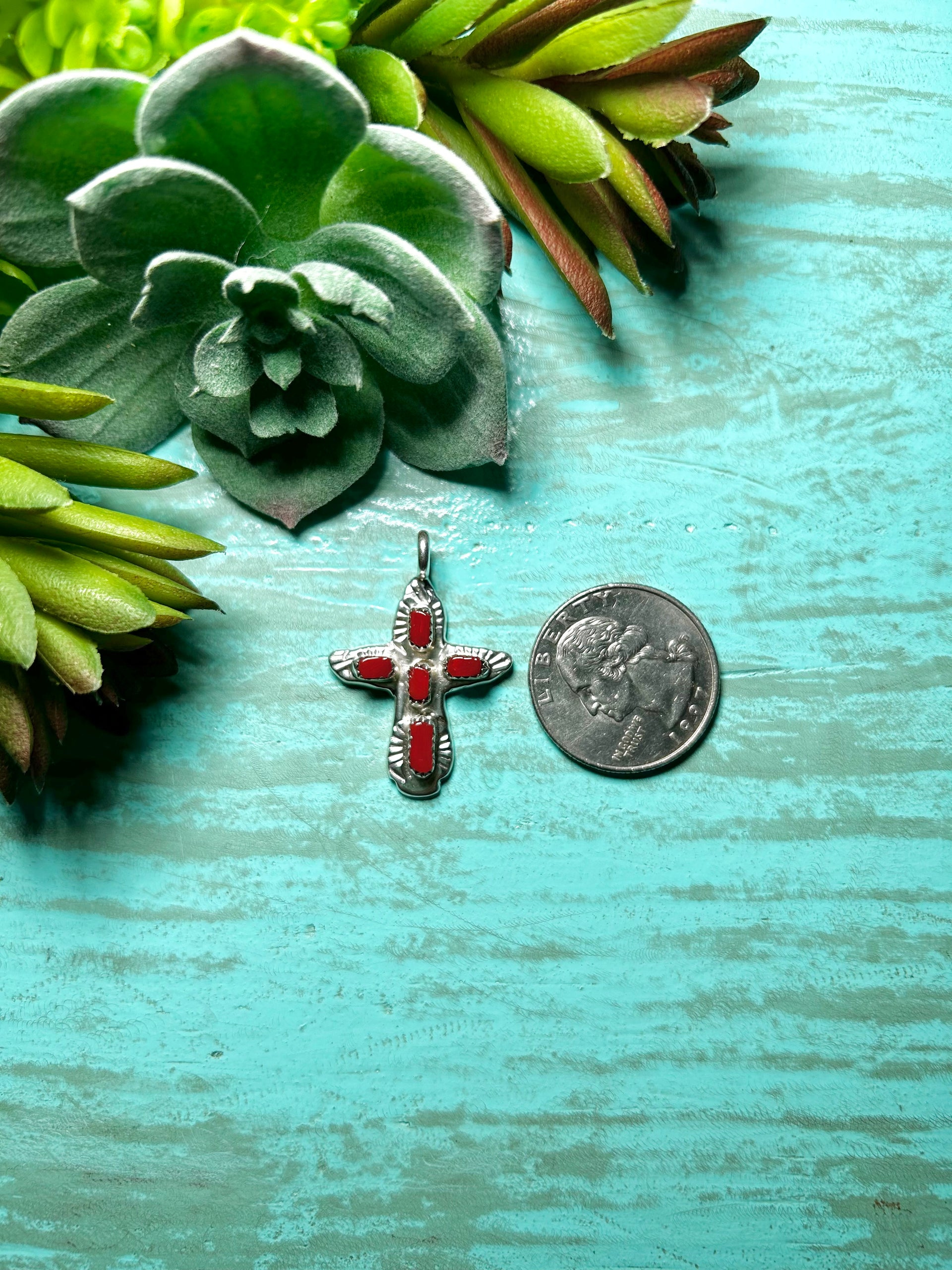 Zuni Made Red Coral & Sterling Silver Pendant