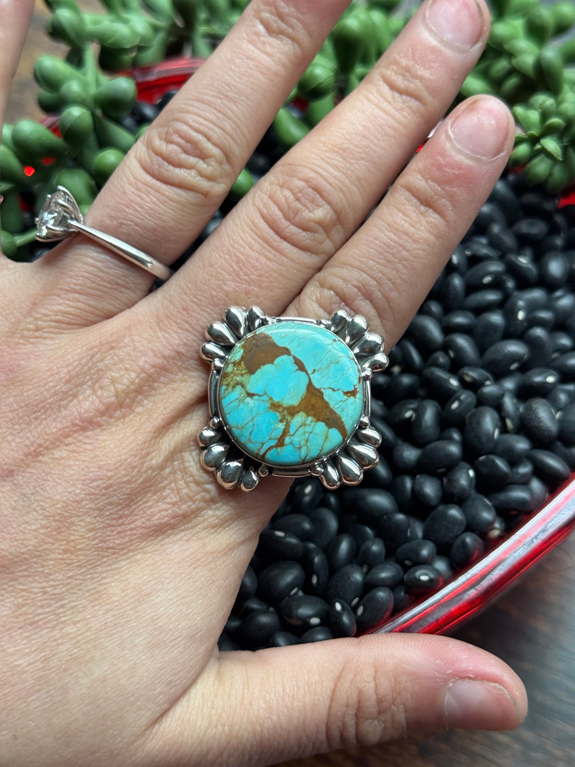 Southwest Handmade #8 Turquoise & Sterling Silver Adjustable Ring
