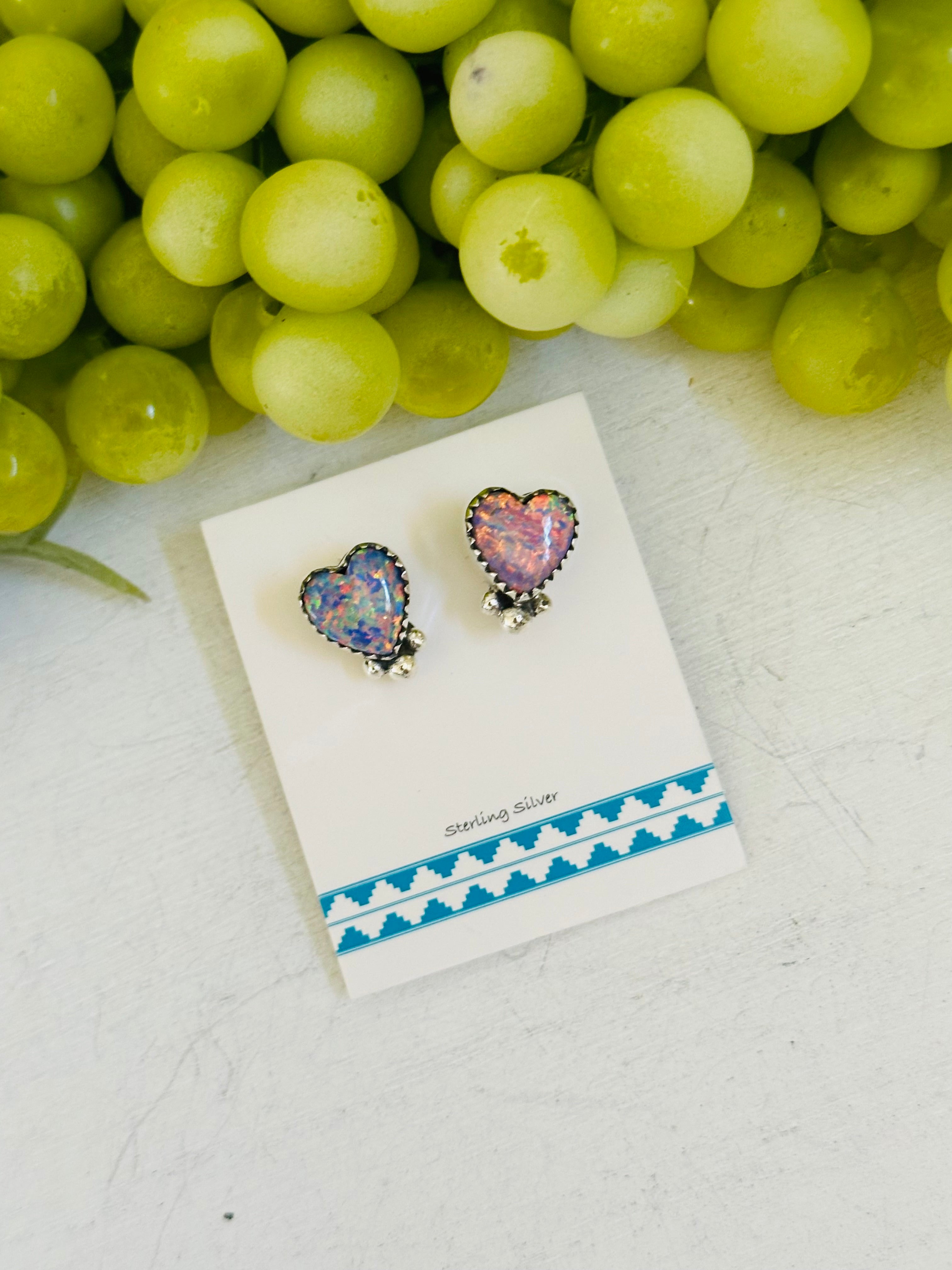 TTD “ dainty” Purple Opal & Sterling Silver Post Heart Earrings