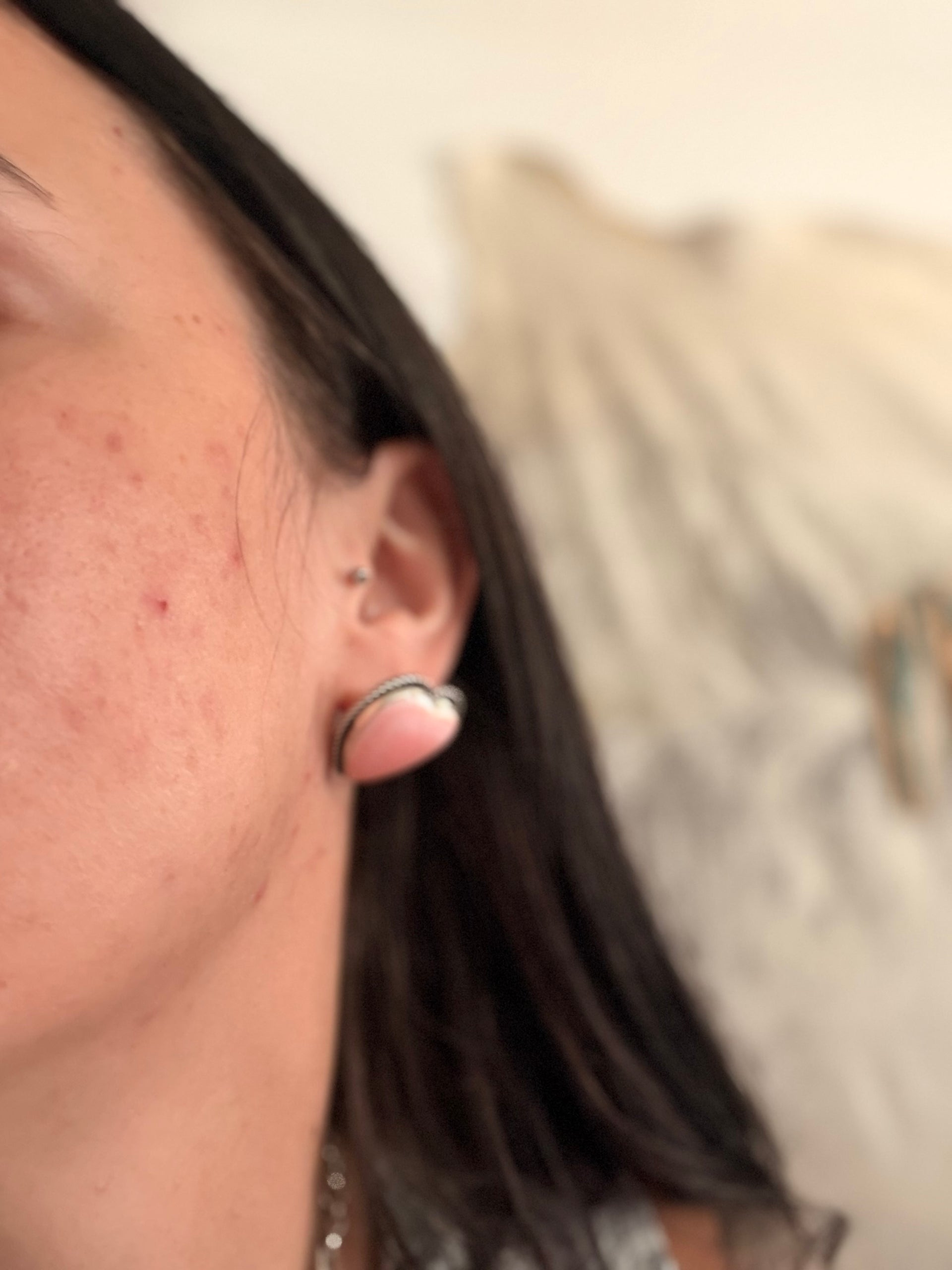 Navajo Made Pink Conch & Sterling Silver Post Heart Earrings