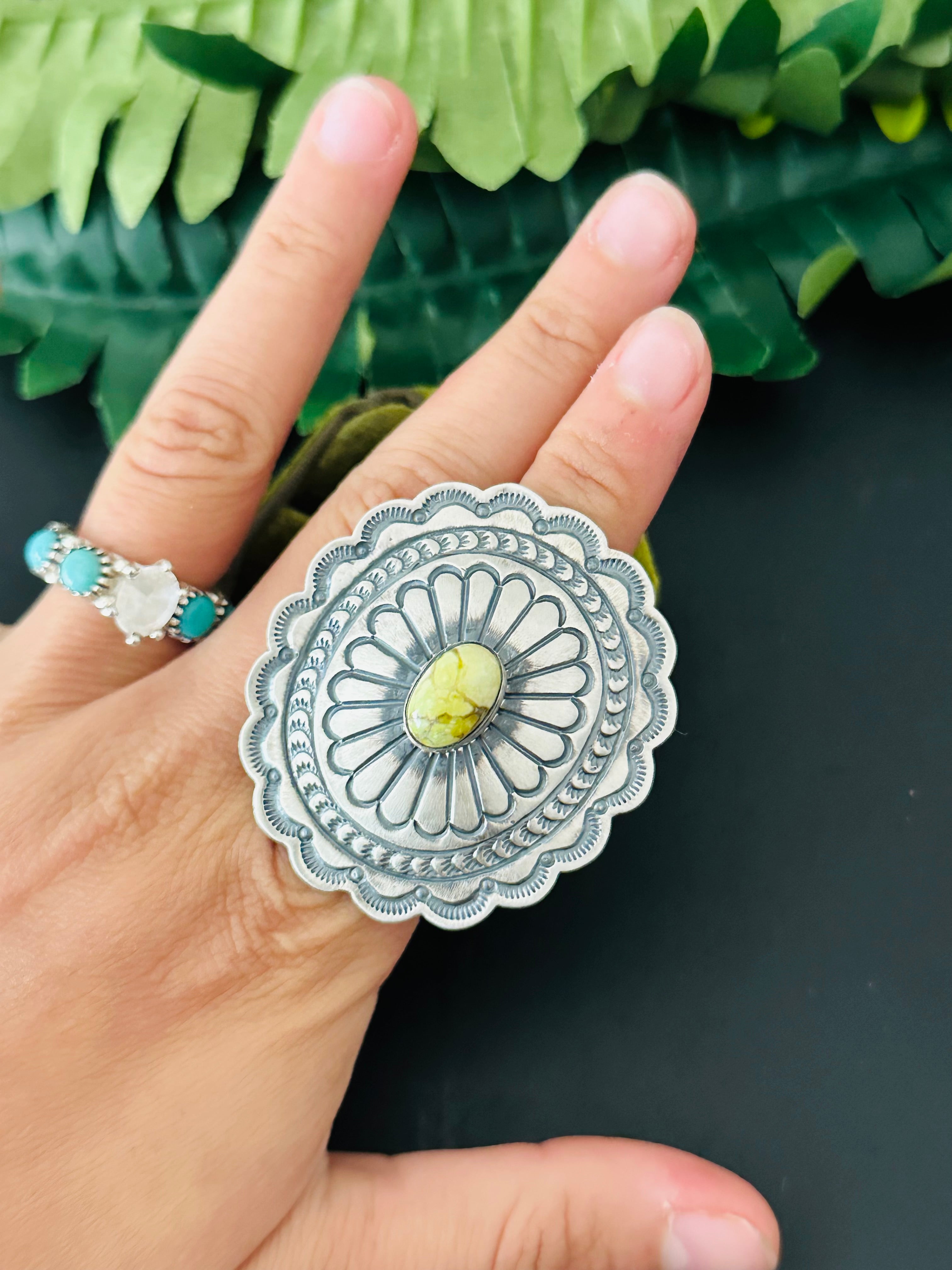 Navajo Made Sonoran Gold Turquoise & Sterling Silver Concho Ring Size 6.5