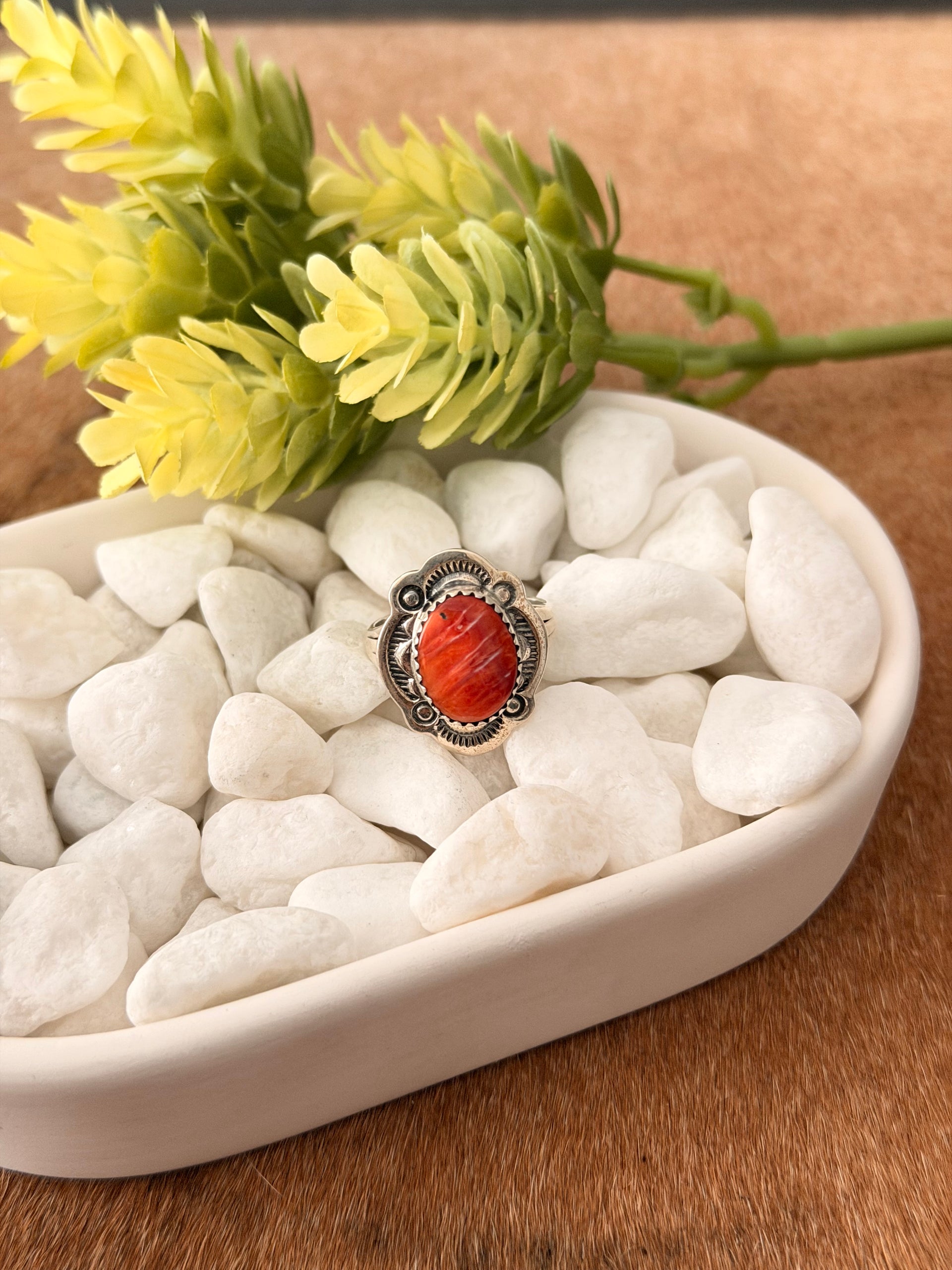 Navajo Made Spiny Oyster & Sterling Silver Ring Size 7.5