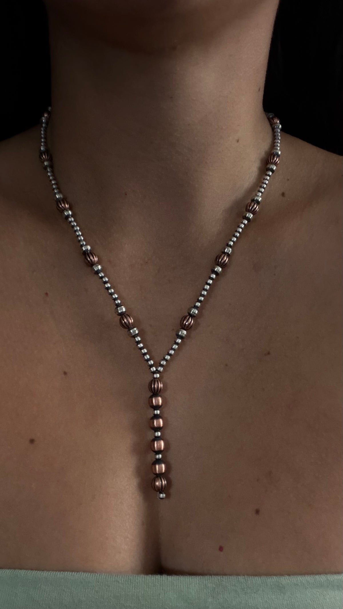 Navajo Strung Copper & Sterling Silver Machine Made Lariat Pearl Necklace