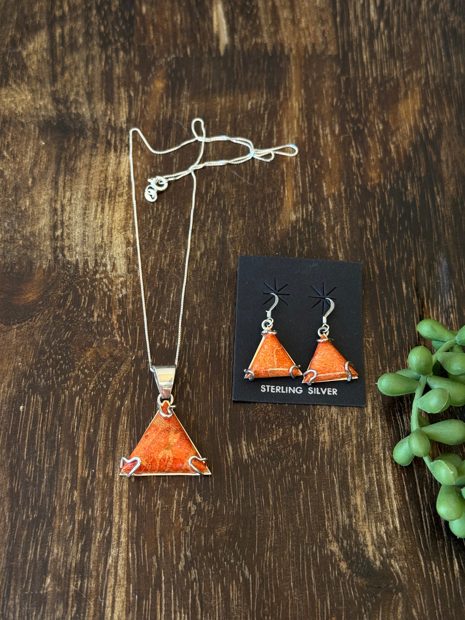 Navajo Made Made Apple Coral & Sterling Silver Necklace Set