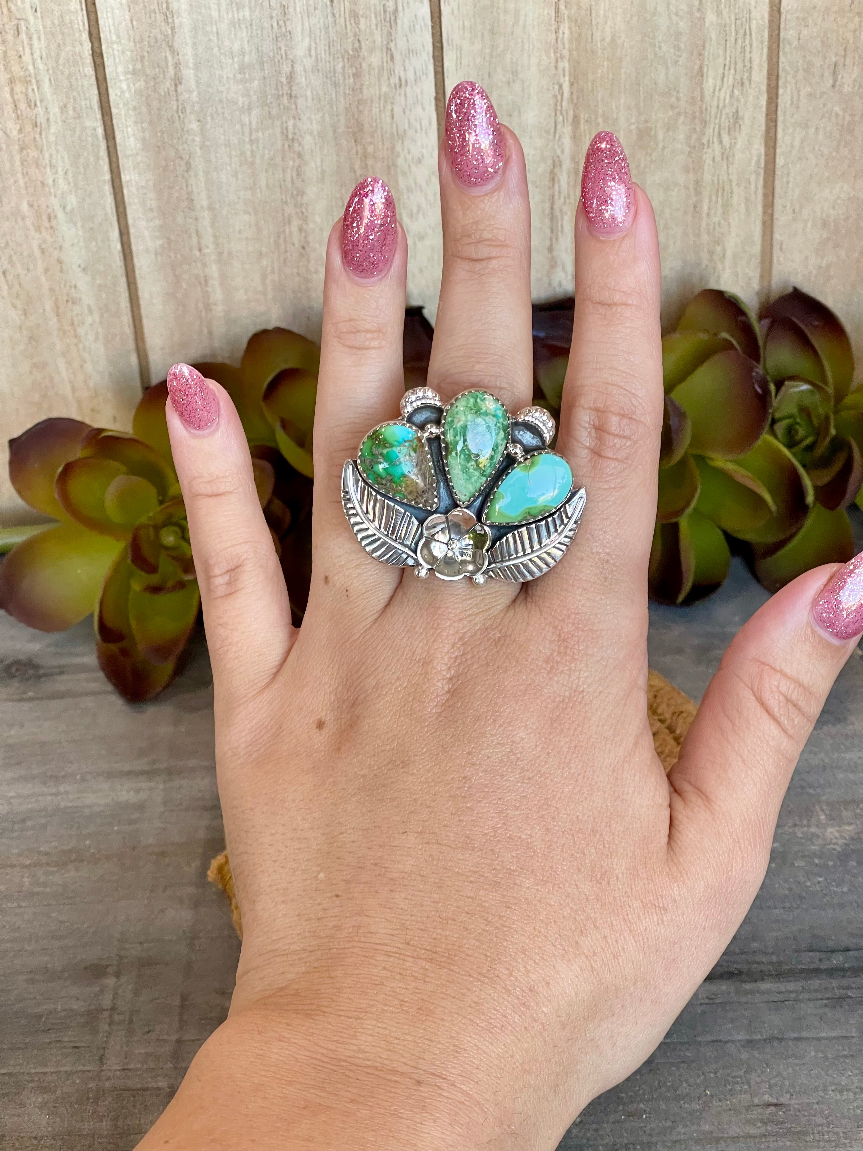 Southwest Handmade Sonoran Mountain Turquoise & Sterling Silver Adjustable Flower Ring