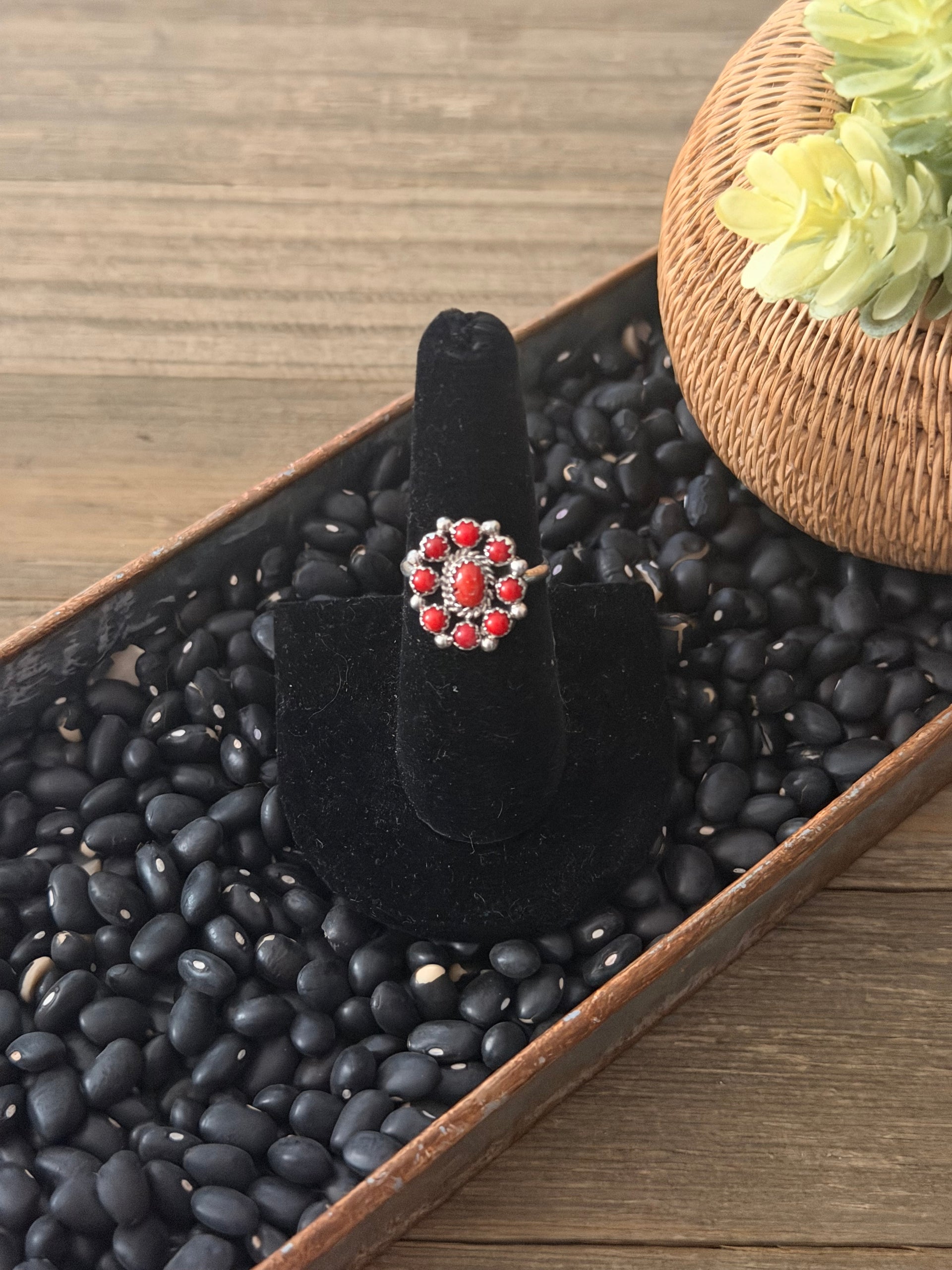 Navajo Made Red Coral & Sterling Silver Cluster Ring
