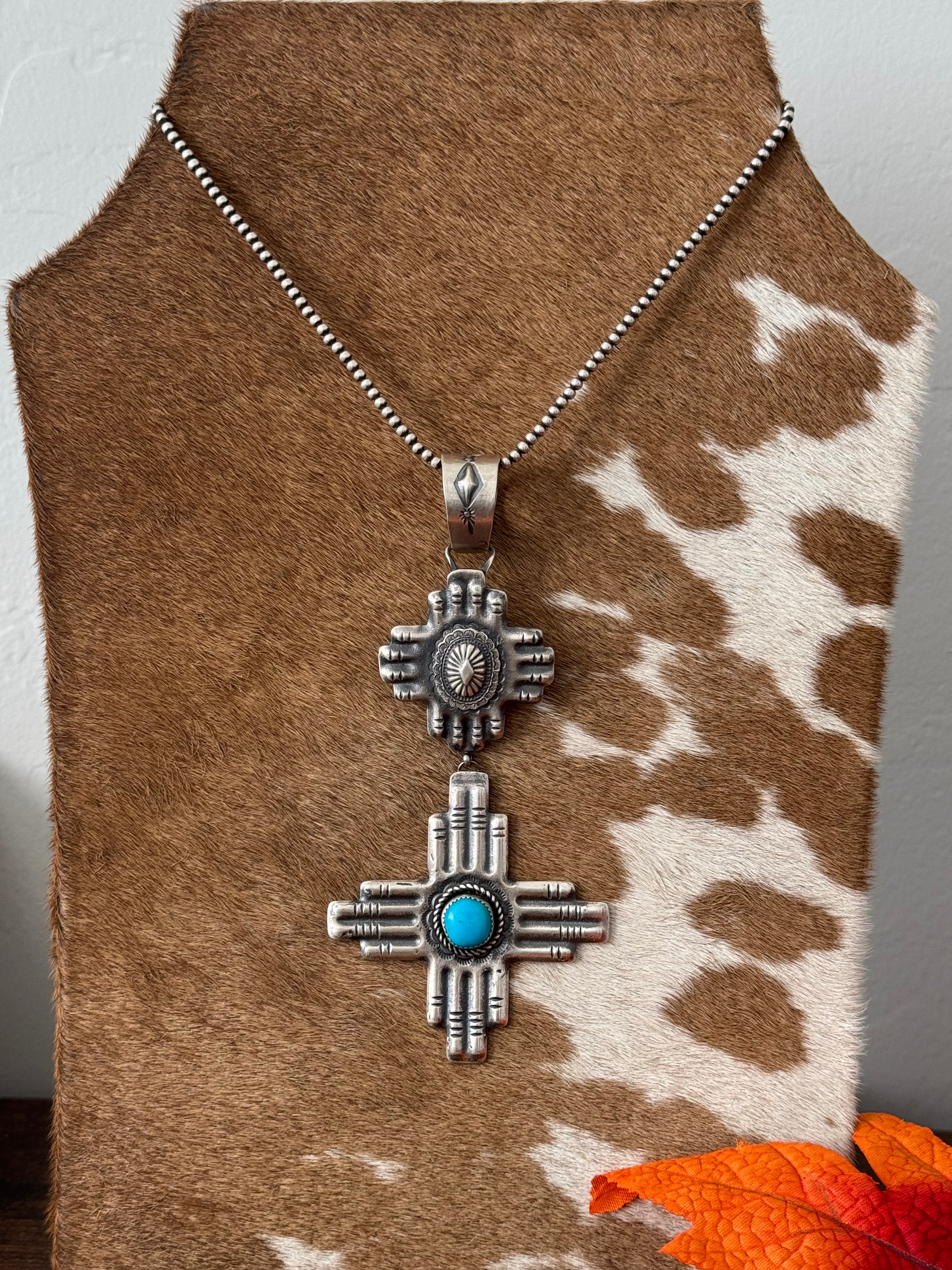 Navajo Made Kingman Turquoise & Sterling Silver Zia Pendant