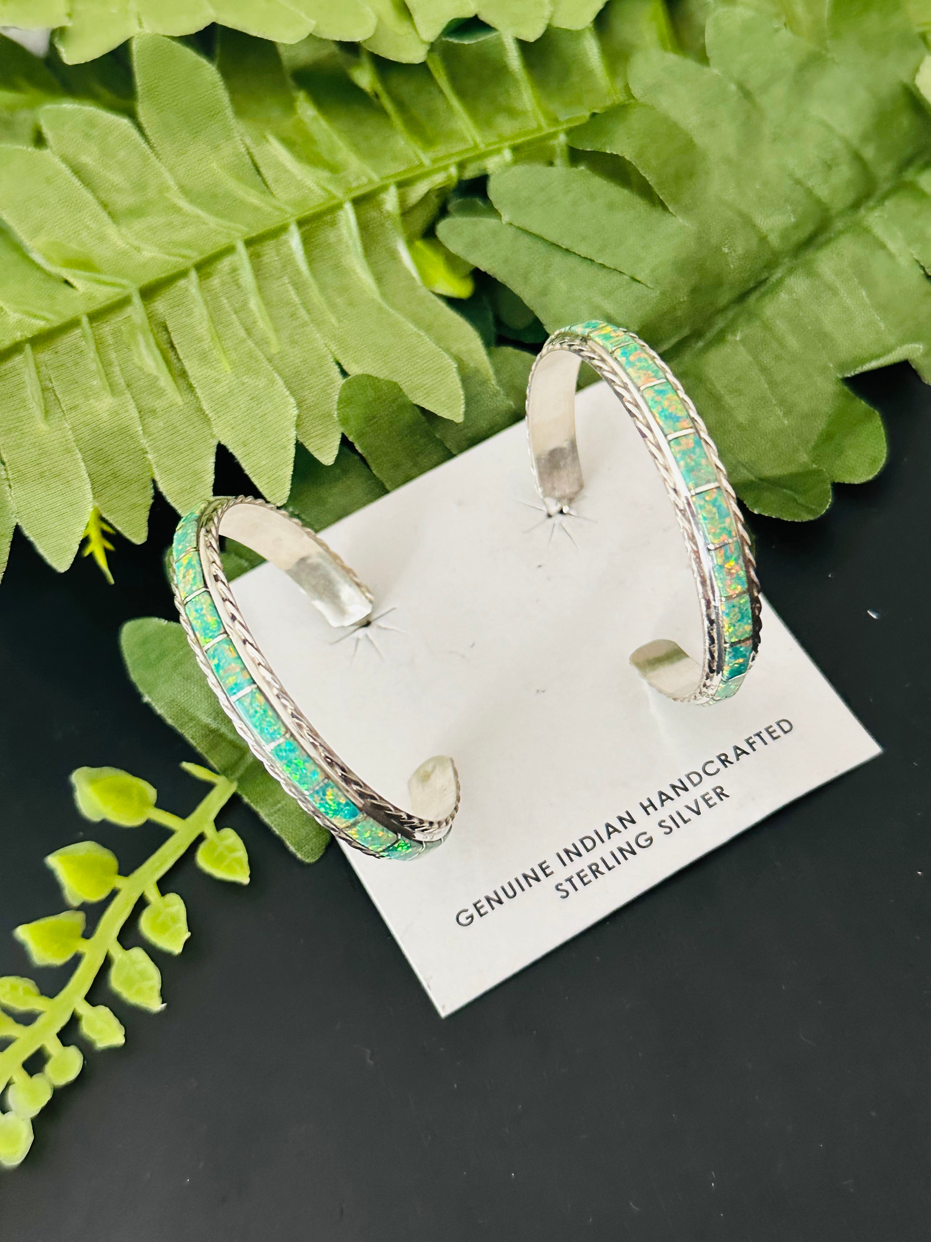 Navajo Made Opal & Sterling Silver Hoop Earrings