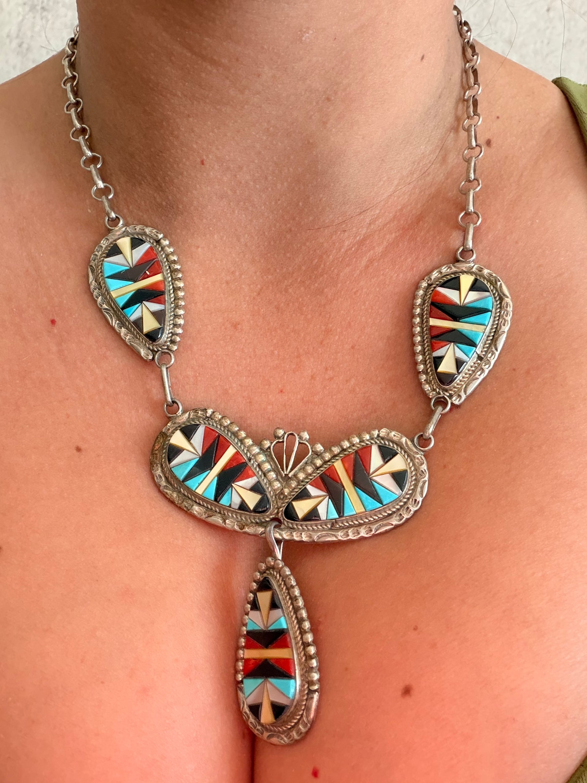 OLD PAWN Zuni Made Multi Stone & Sterling Silver Cobblestone Necklace Set