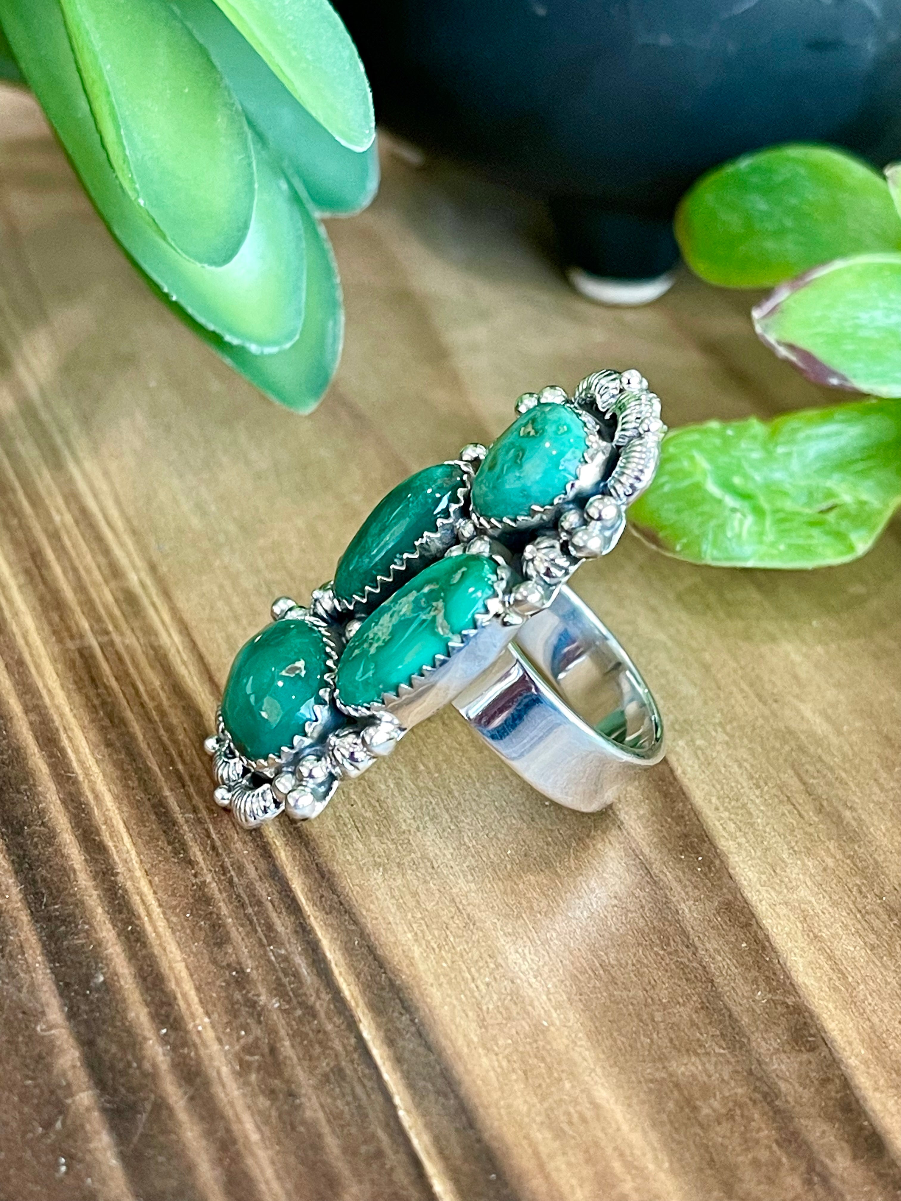 Southwest Handmade Emerald Valley Turquoise & Sterling Silver Adjustable Cluster Ring